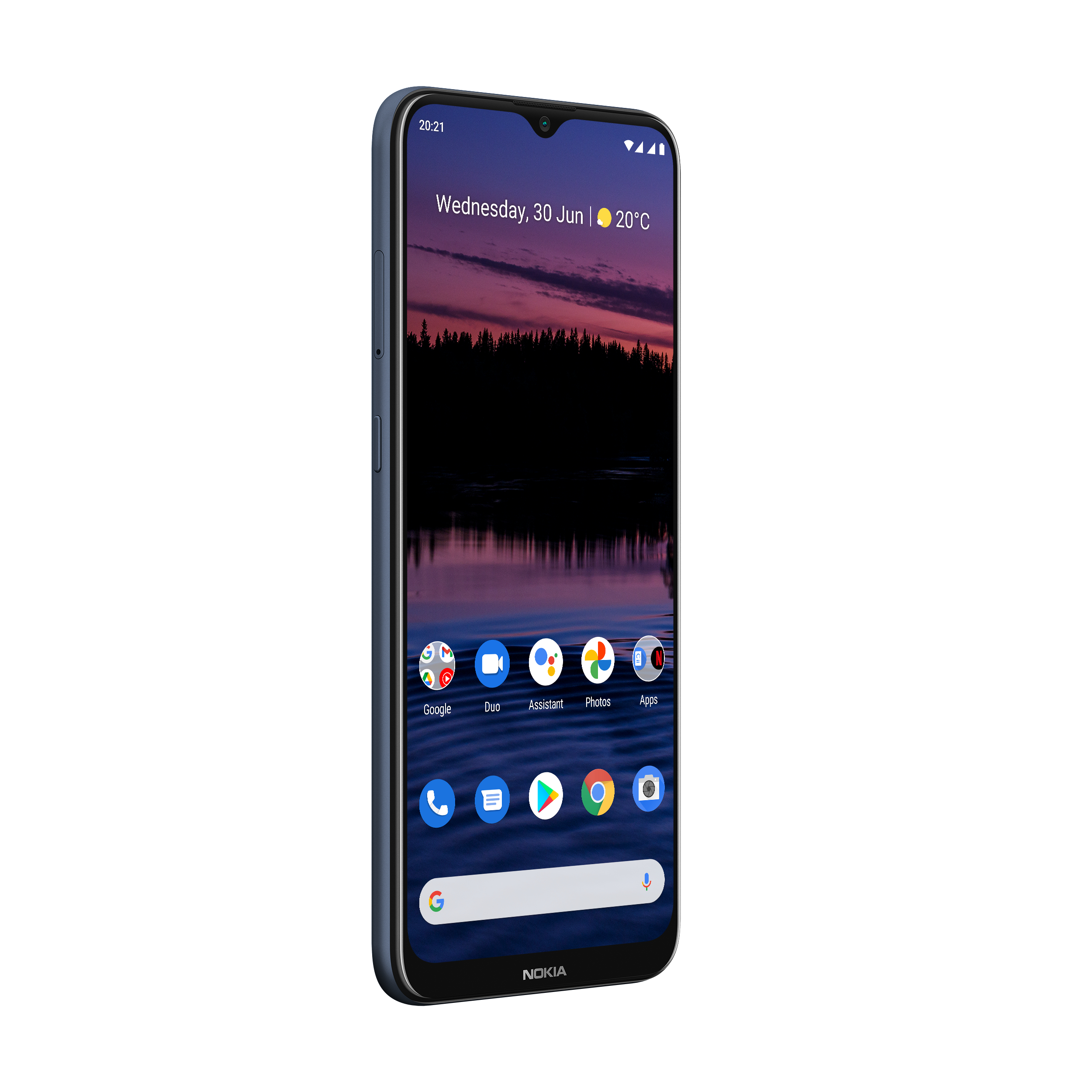 Ein blaues Smartphone, das ein Stadtbild-Hintergrundbild und App-Symbole anzeigt, auf einer weißen Oberfläche.