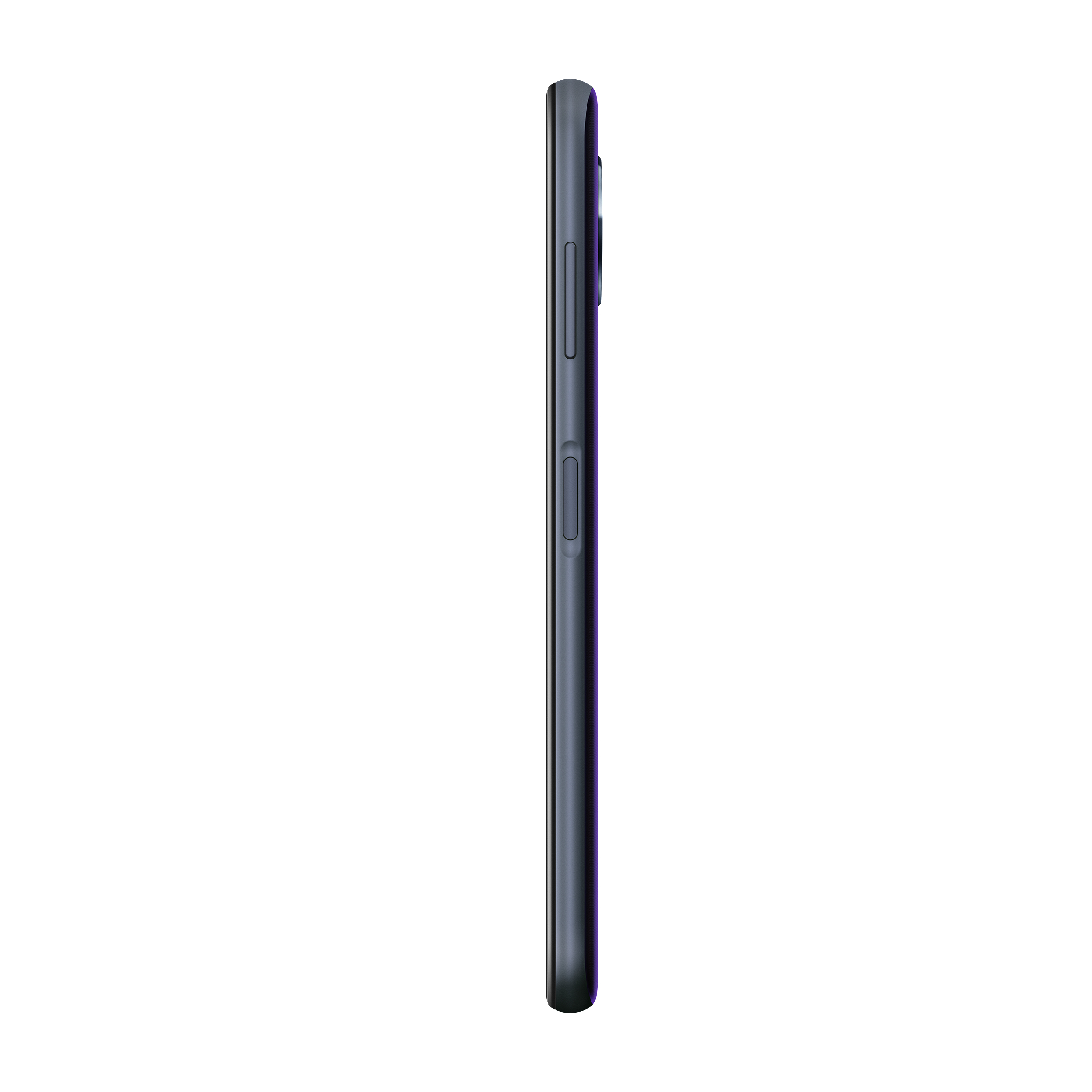 Eine Seitenansicht eines dunkelvioletten Smartphones.