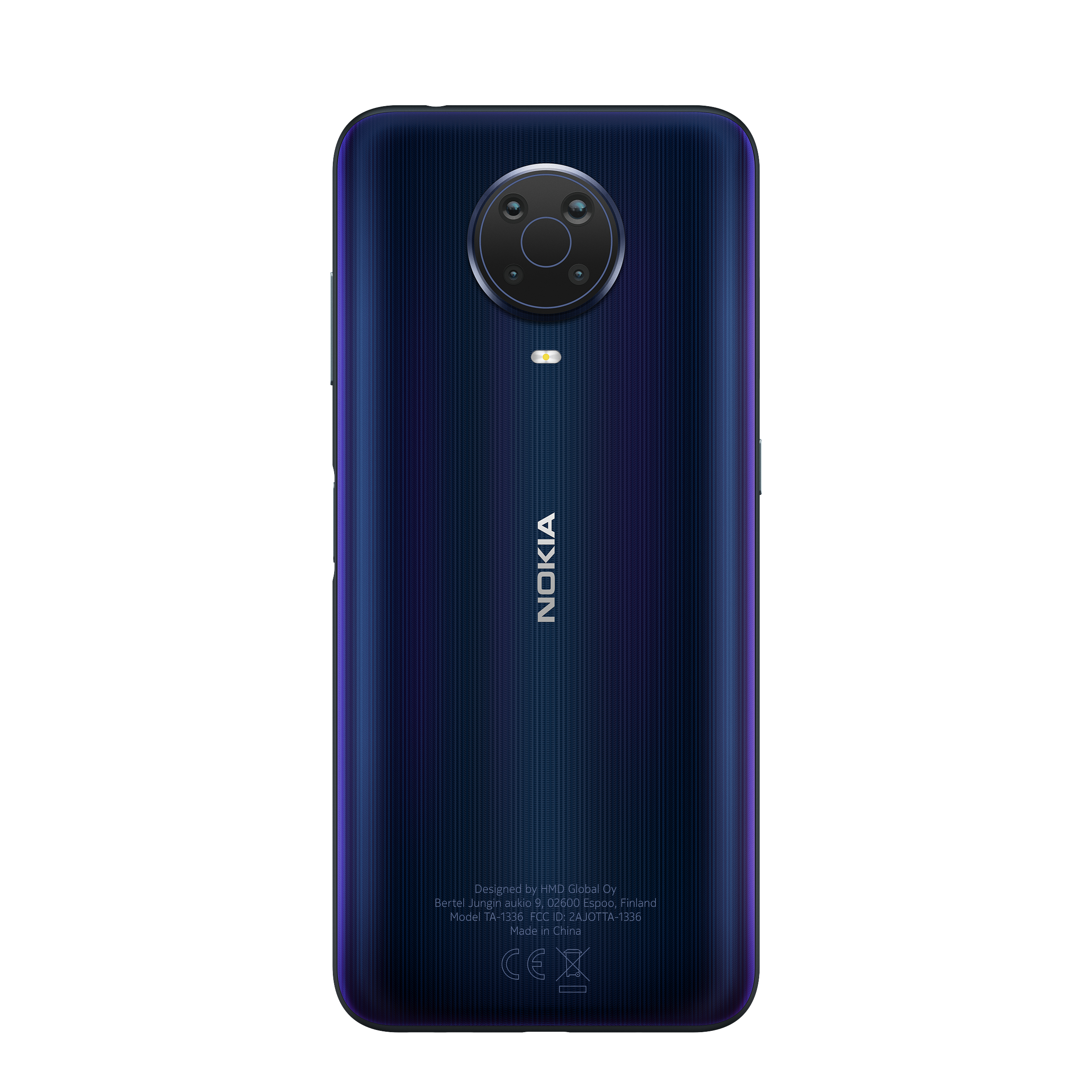 Rückansicht eines Nokia-Telefons. Dunkelblau mit Dreifachkamera und Nokia-Logo.