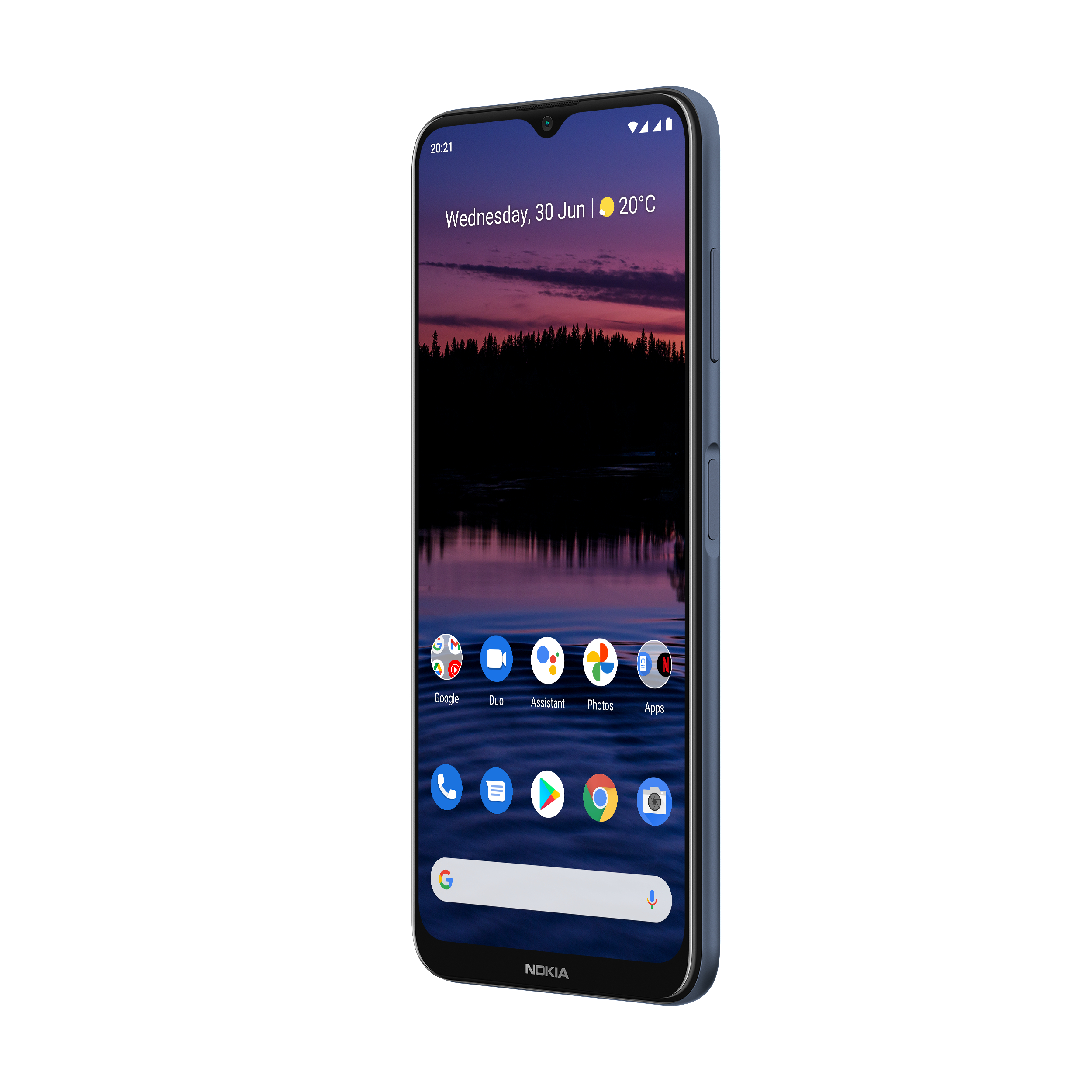 Blaues Smartphone mit Bildschirm, der Datum, Uhrzeit und App-Symbole anzeigt. Der Hintergrund ist ein Sonnenuntergang über dem Wasser.