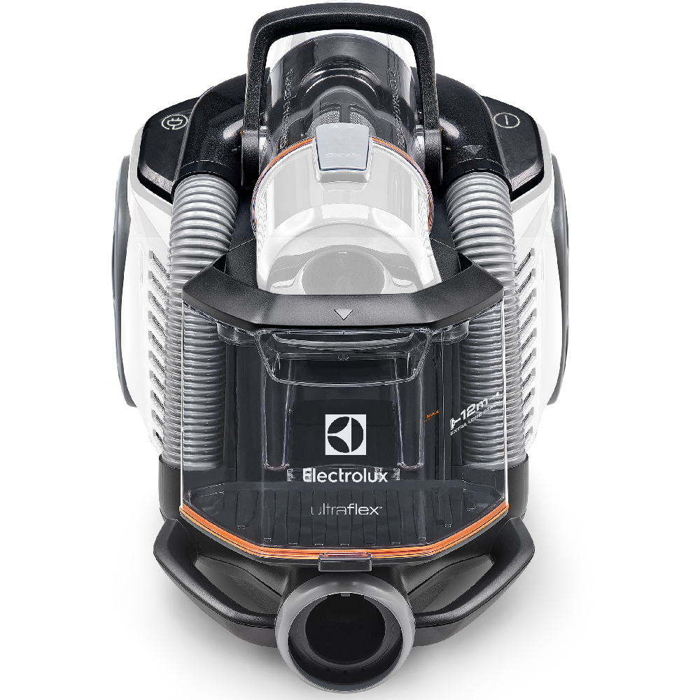 Elektrikli süpürge. Electrolux UltraFlex. Siyah beyaz tasarım. Şeffaf toz bölmesi.