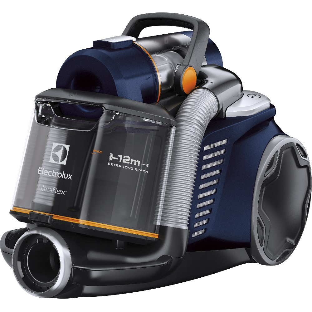 Turuncu vurgularla mavi ve siyah Electrolux UltraFlex elektrikli süpürge.