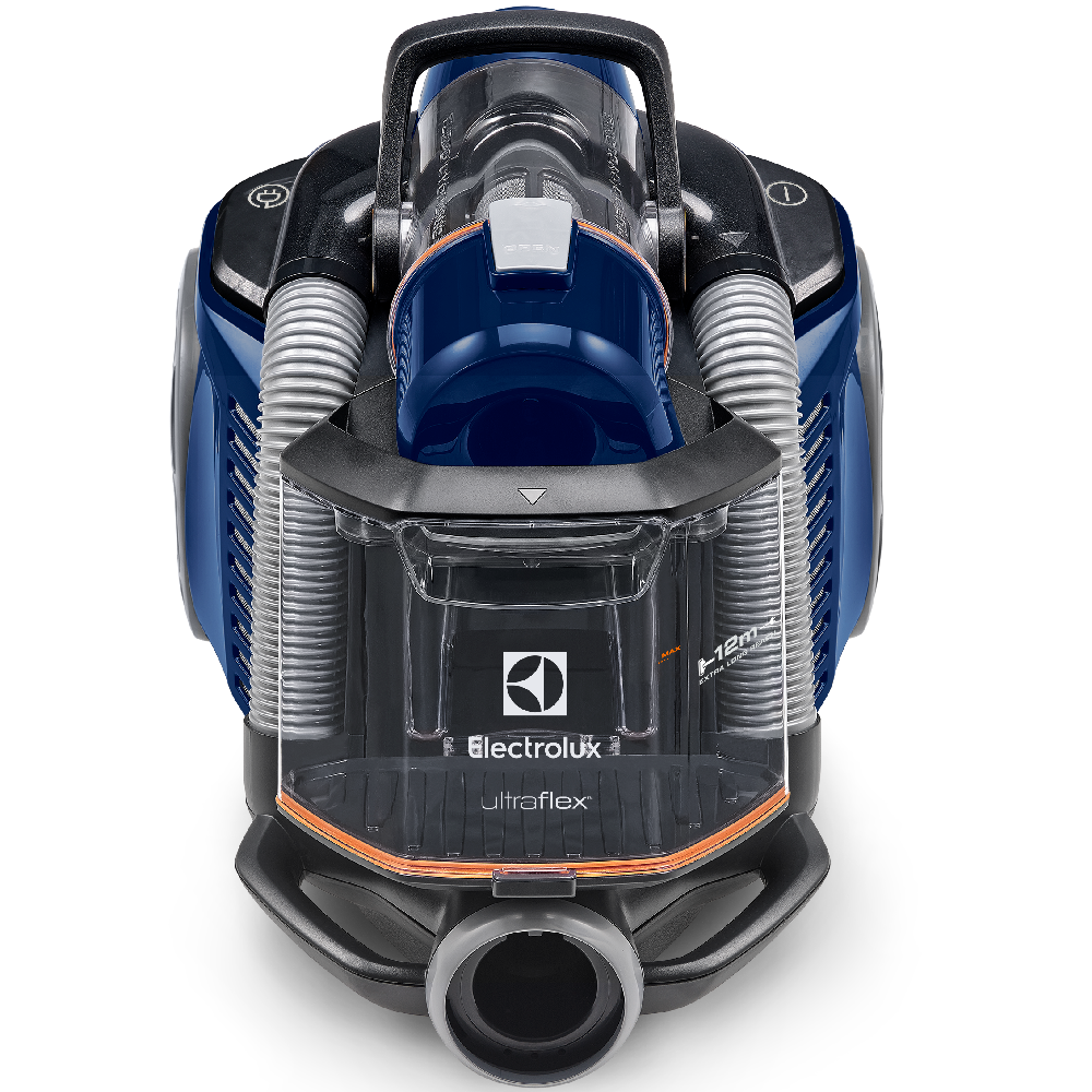 Mavi ve siyah Electrolux UltraFlex elektrikli süpürge, üstten görünüm, beyaz zemin.
