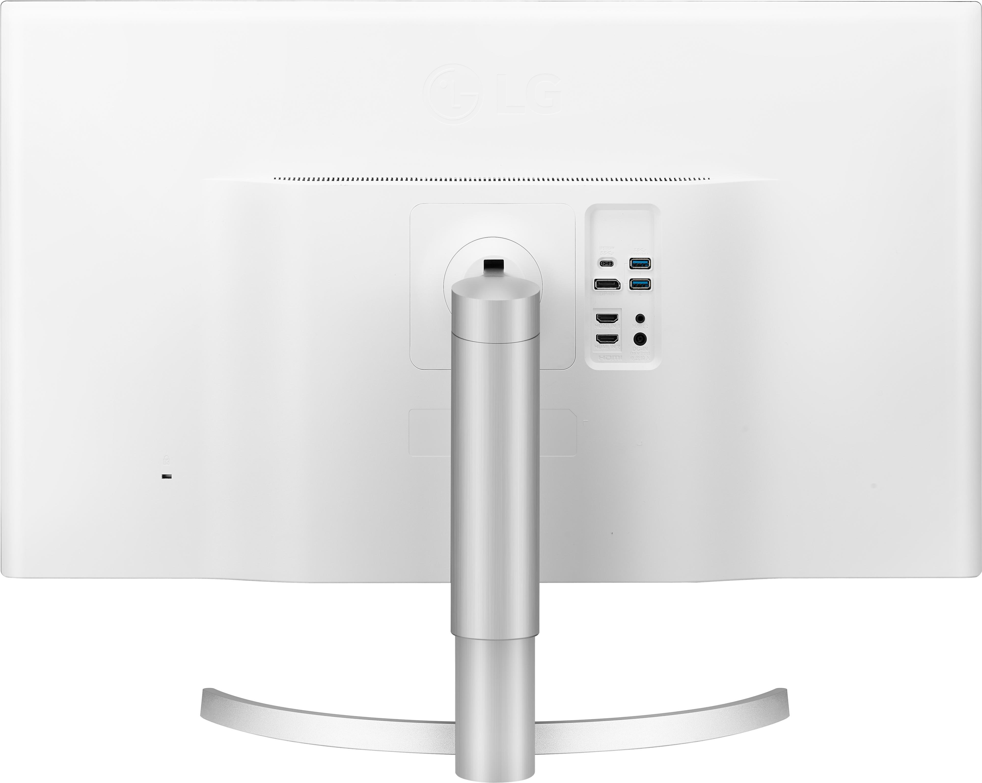 Rückansicht des weißen LG-Monitors mit Anschlüssen und Ständer.