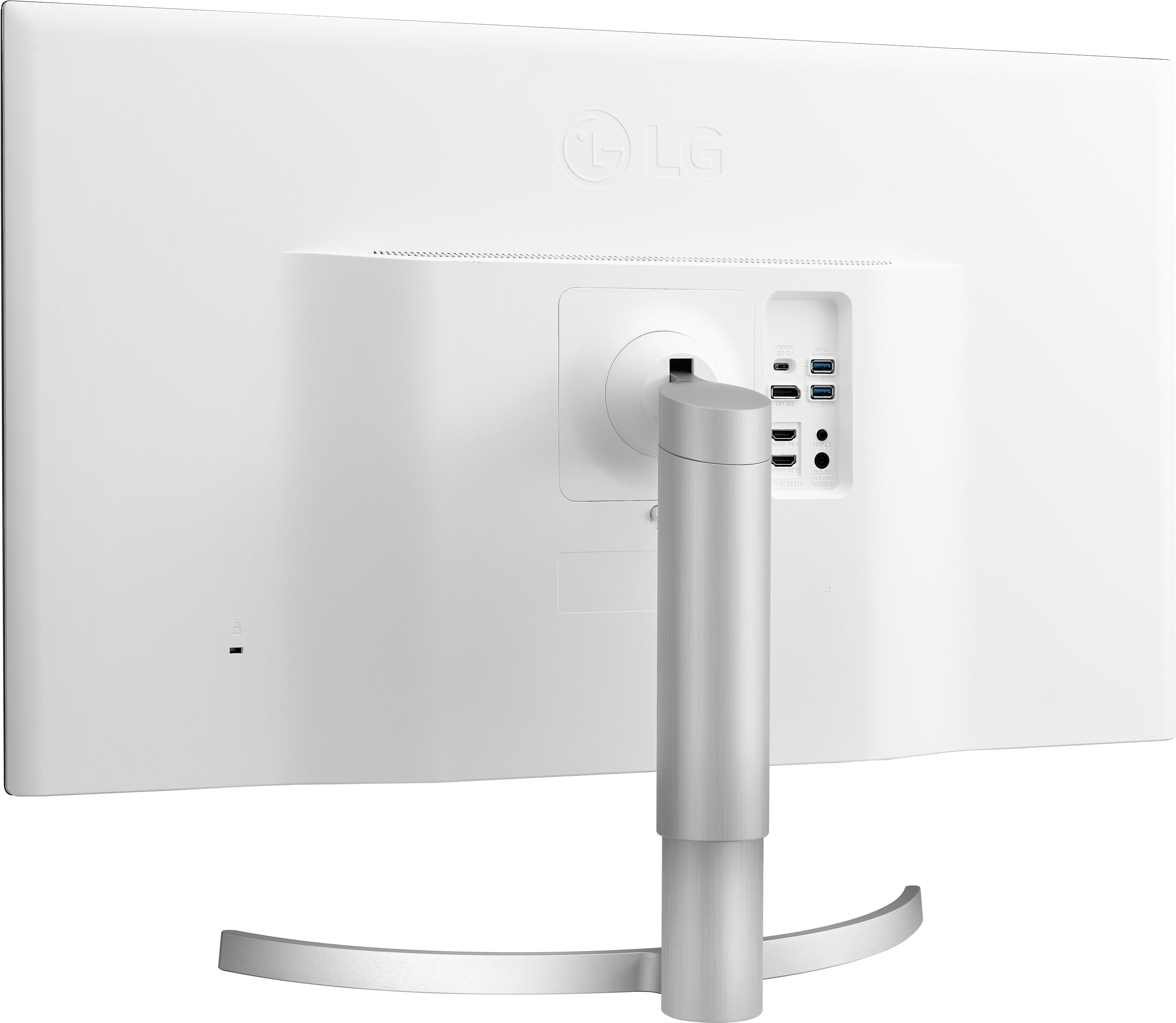 Rückansicht eines weißen Computermonitors mit Anschlüssen und silbernem Ständer.