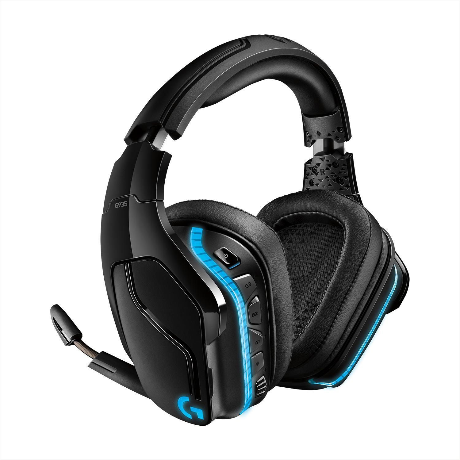 Schwarzes Gaming-Headset mit blauen Lichtern und Mikrofon.