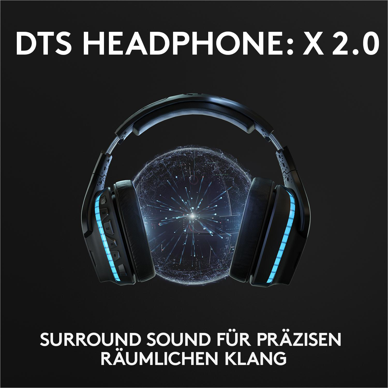 Schwarzes Headset mit blauen Lichtern und Text 'DTS HEADPHONE: X 2.0' auf dunklem Hintergrund.