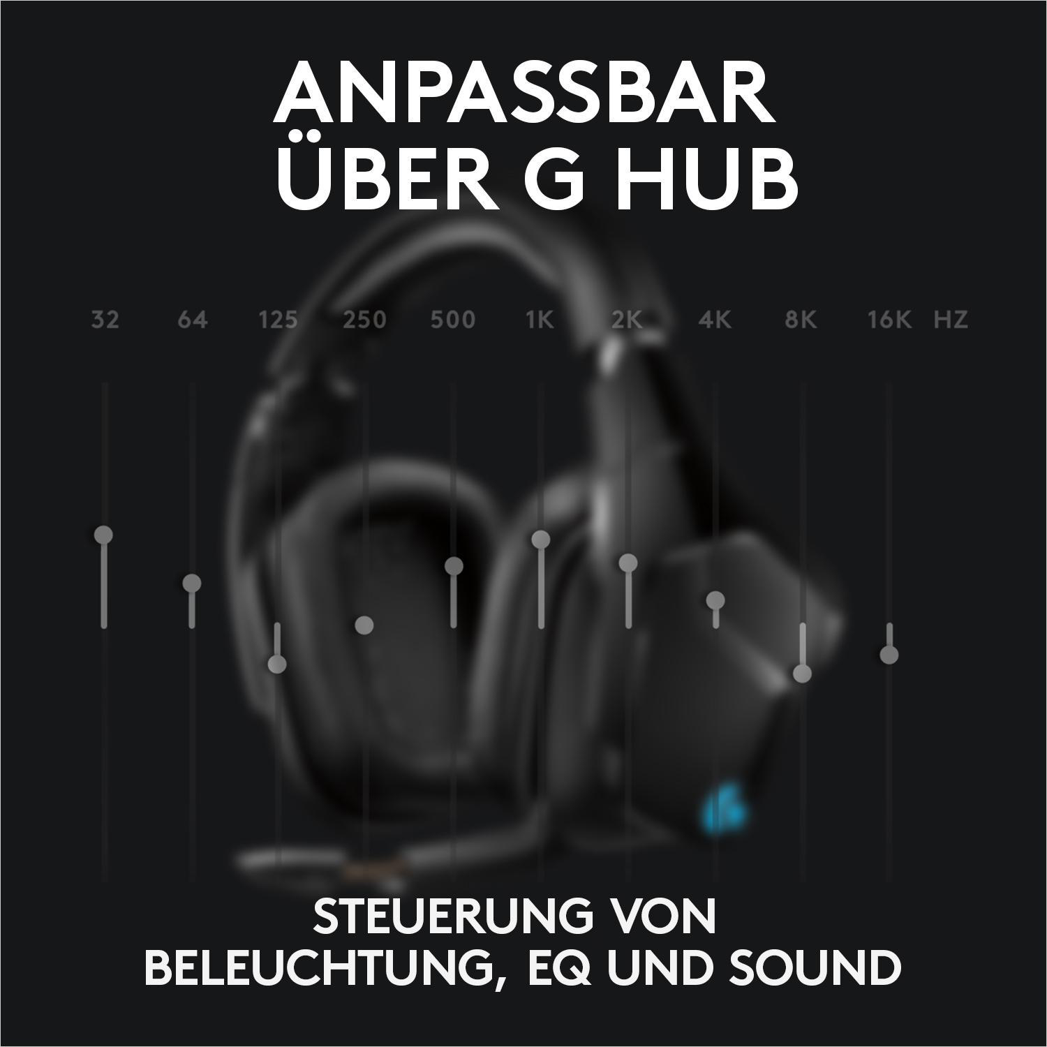 Black headset with adjustment options via G HUB interface.