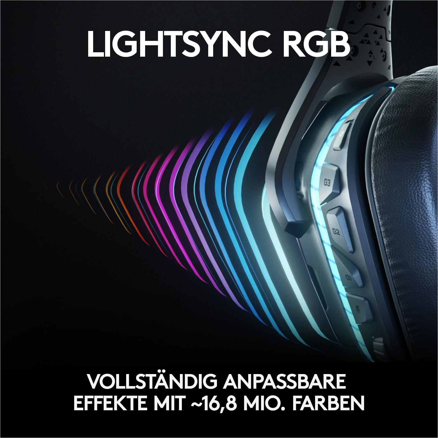 Ein Headset mit anpassbaren RGB-Leuchten, die Farben wechseln von Pink zu Blau.