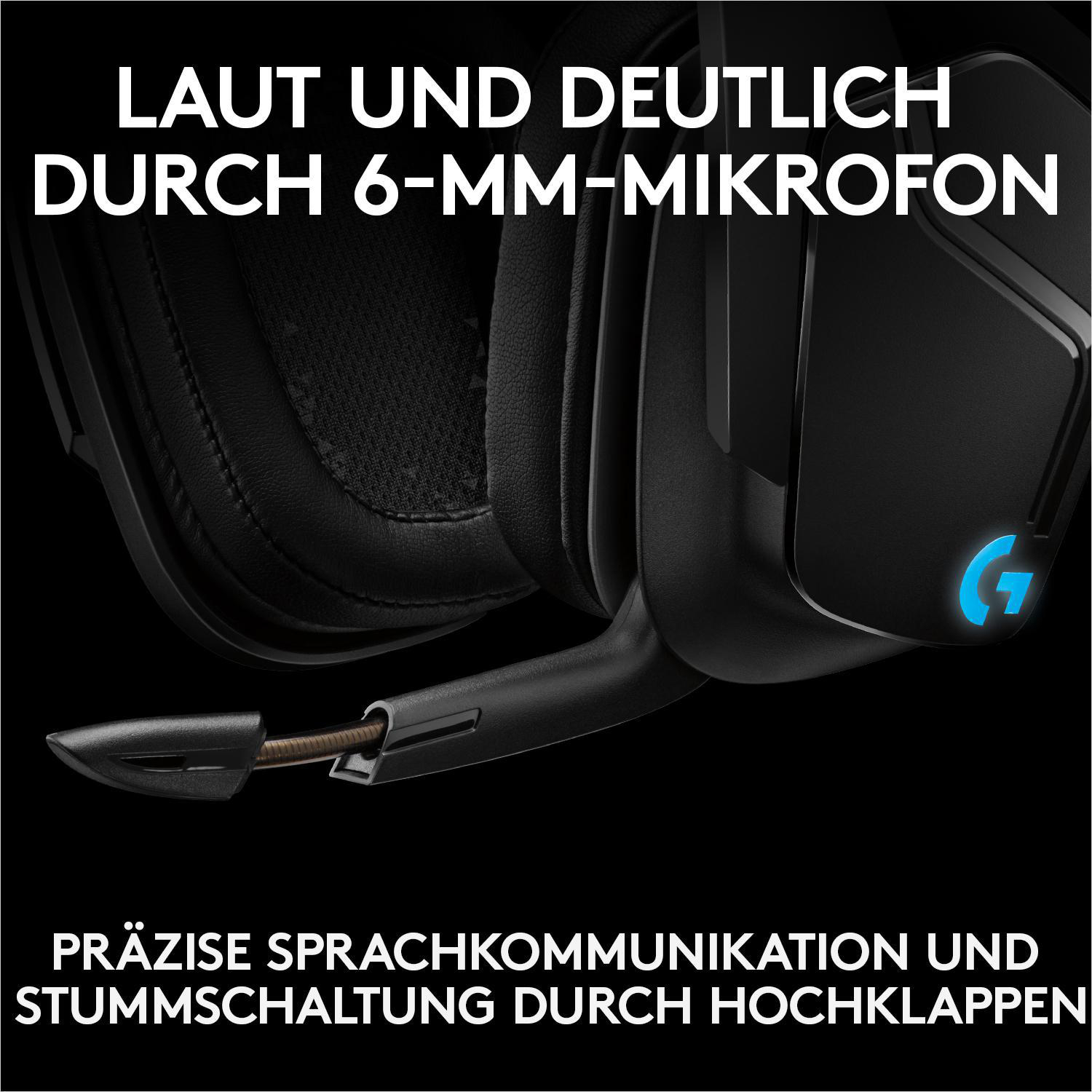 Schwarzes Gaming-Headset mit Mikrofon und Text.