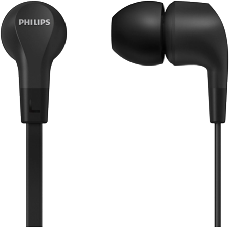 Fekete Philips fülhallgató egyszerű dizájnnal, fehér háttéren.