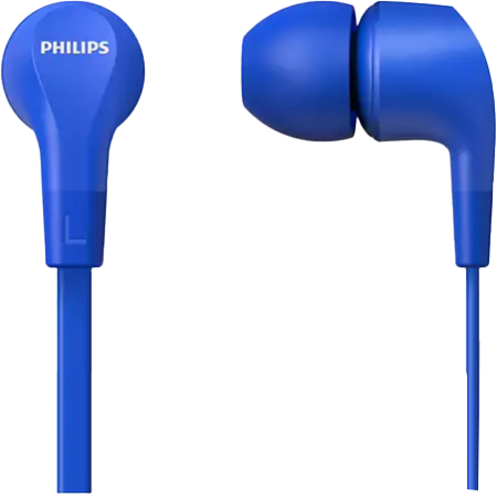 Kék Philips fülhallgatók. A kábel és a fülhallgató hegyei kékek. Fehér háttéren izolálva.