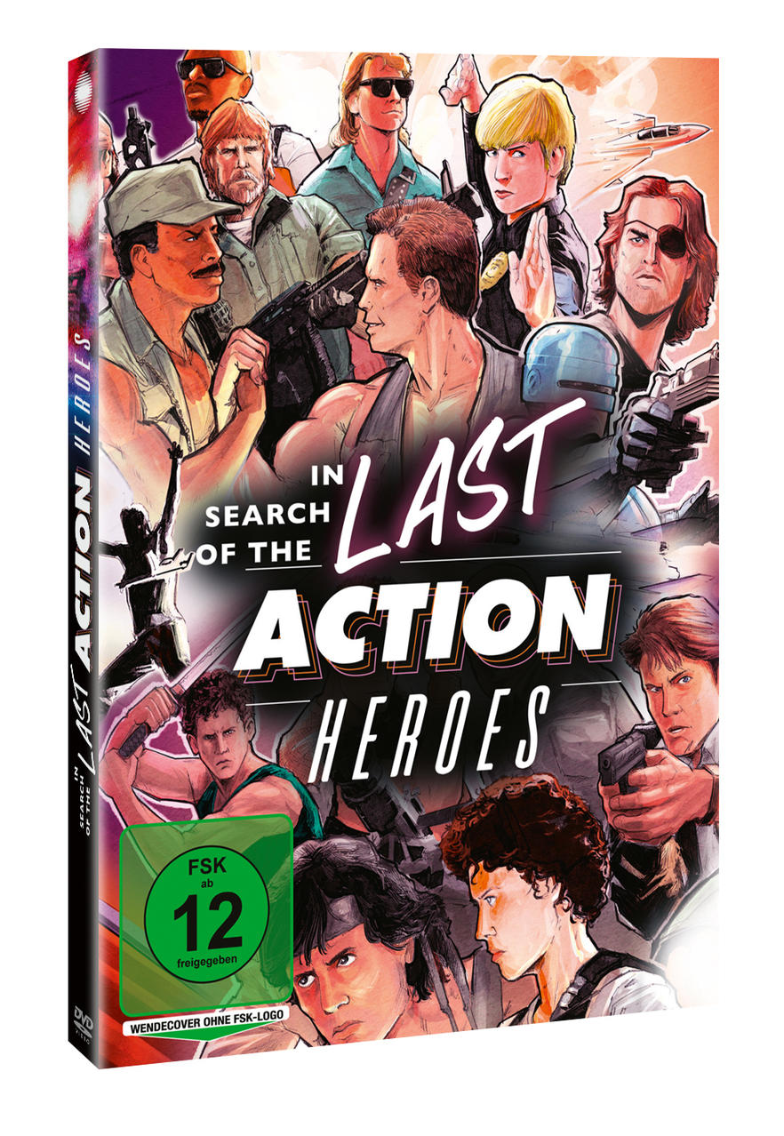 DVD-Cover für "In Search of the Last Action Heroes" mit mehreren Action-Filmstars und FSK 12-Bewertung.