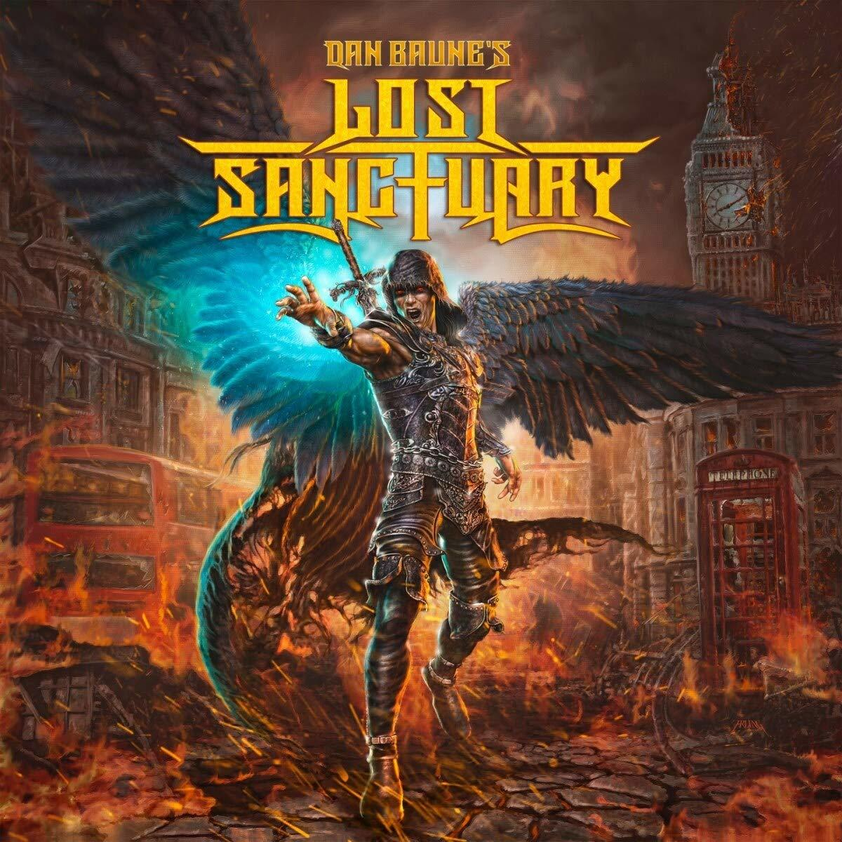 Albumcover: Ein Krieger mit Flügeln, Schwert und London in Flammen. Titel: Lost Sanctuary.