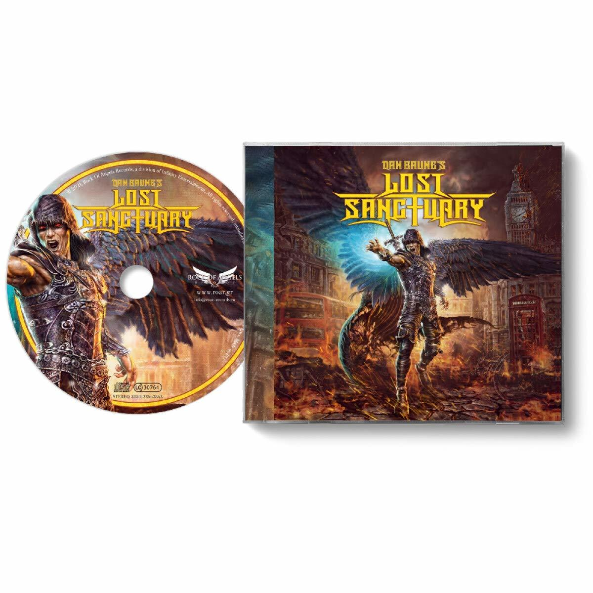 CD-Hülle mit CD und Albumcover. Das Cover zeigt einen Krieger mit Flügeln und eine brennende Stadt.
