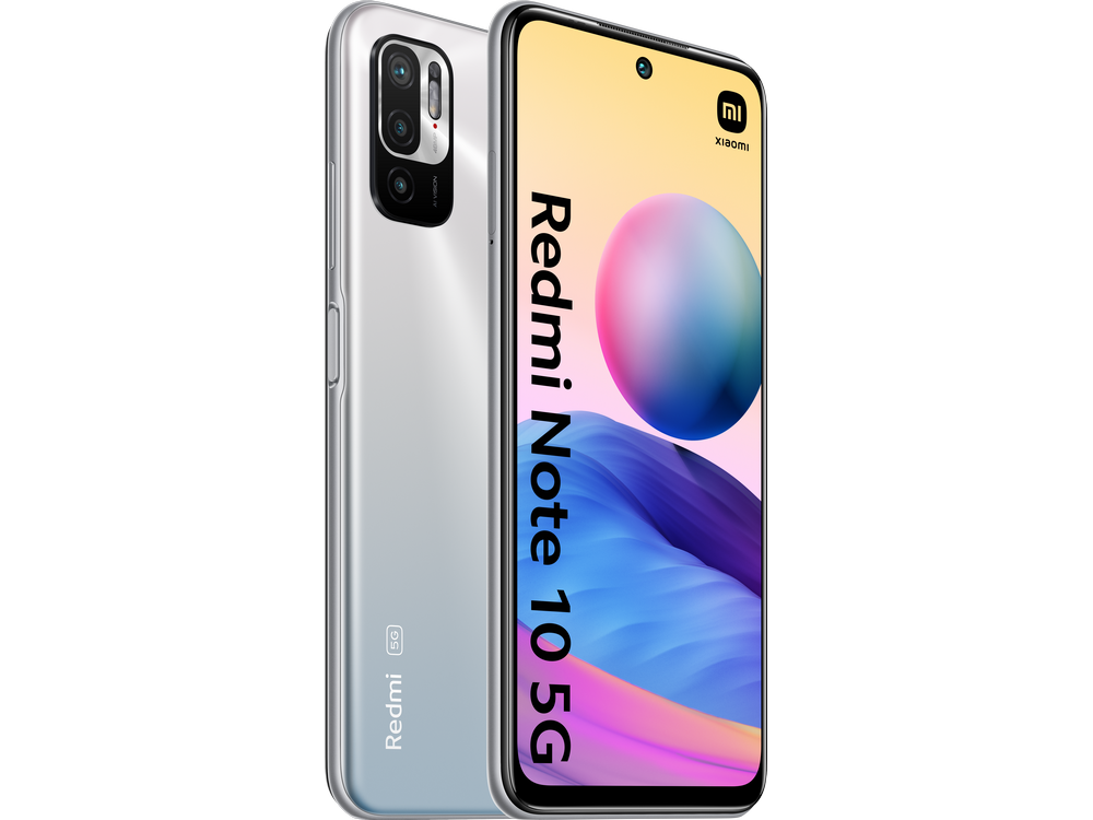 Teléfono plateado Redmi Note 10 5G. Vista trasera y frontal, cámara y pantalla visibles.