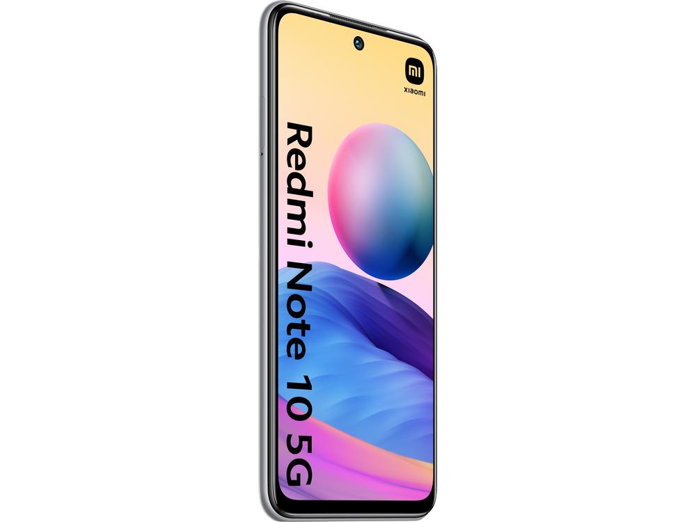 Smartphone Xiaomi Redmi Note 10 5G, vista en ángulo. La pantalla muestra un gráfico colorido.