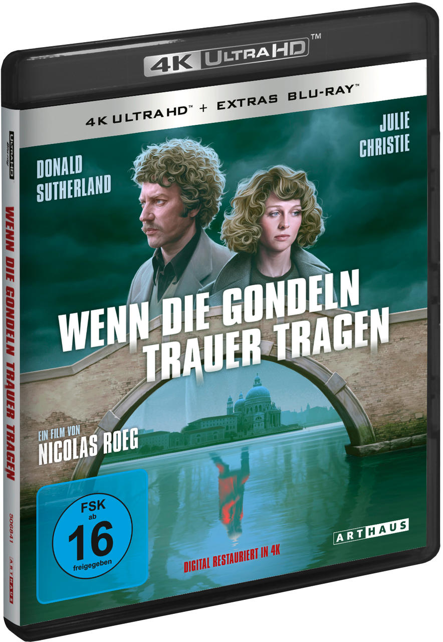 Filmcove für „Wenn die Gondeln Trauer tragen“, mit Schauspielern auf einer Brücke.