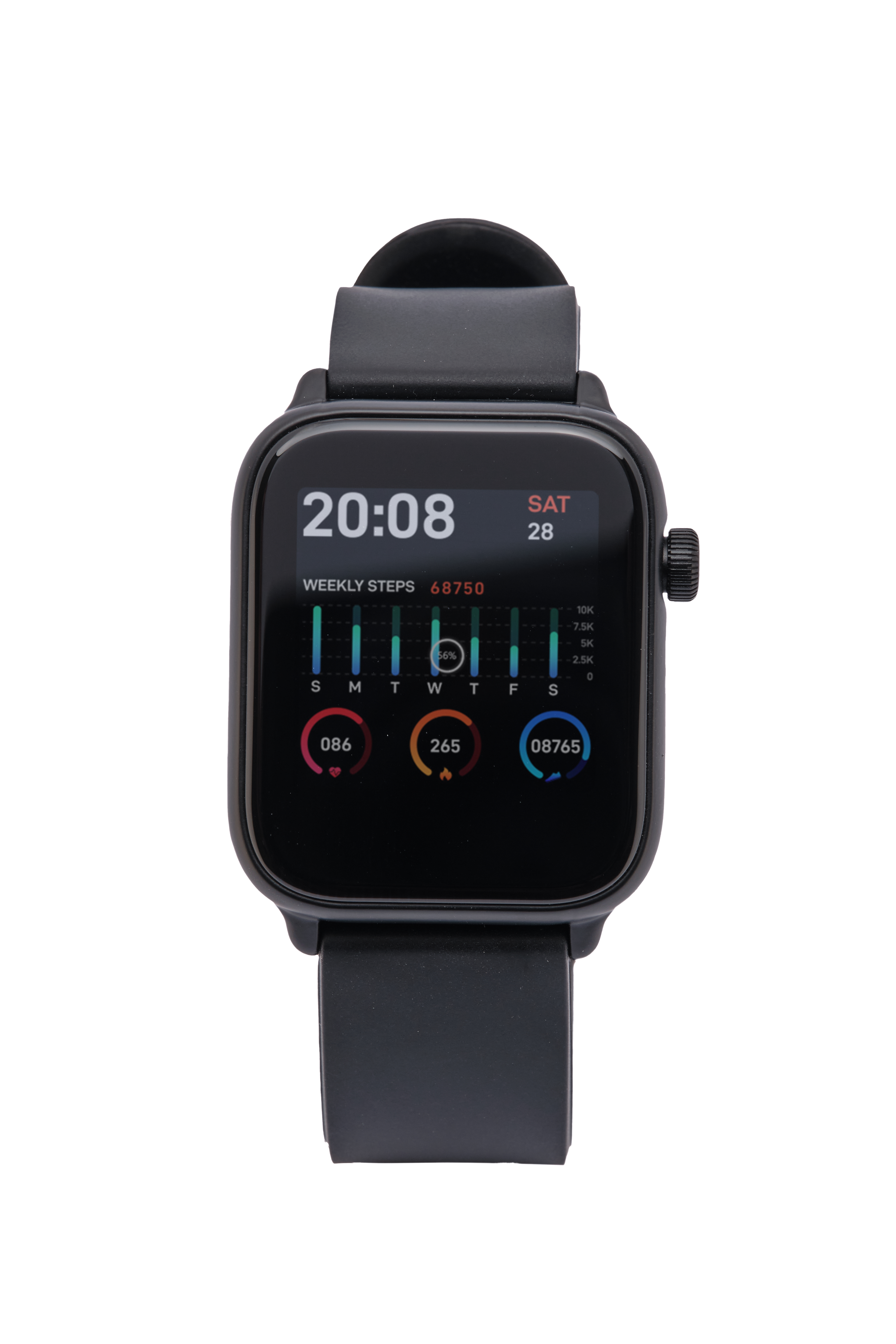 Schwarze Smartwatch, die Zeit, Datum und Aktivitätsmetriken anzeigt.