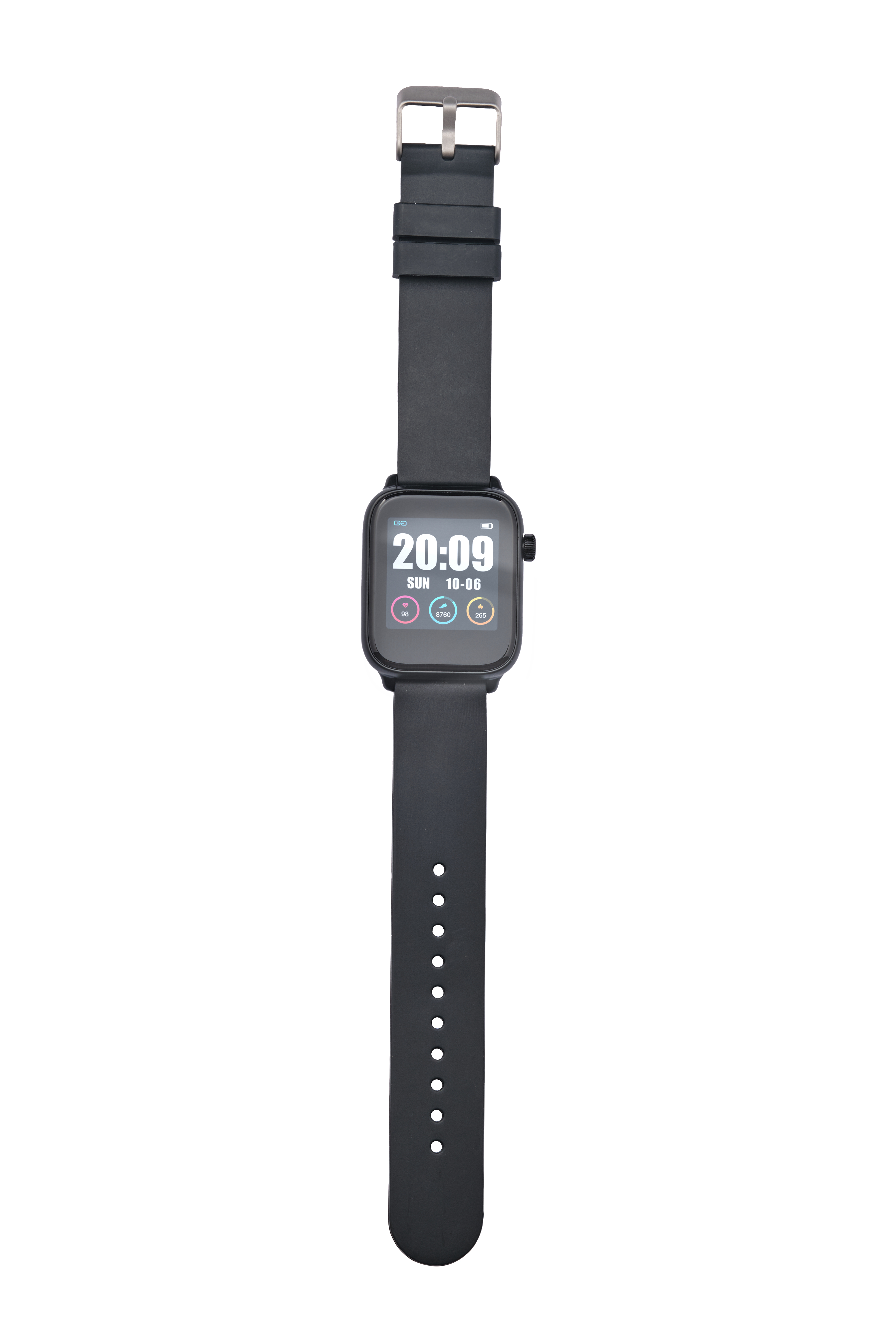Schwarze Smartwatch mit schwarzem Band, weißer Hintergrund. Der Bildschirm zeigt Uhrzeit und Datum.