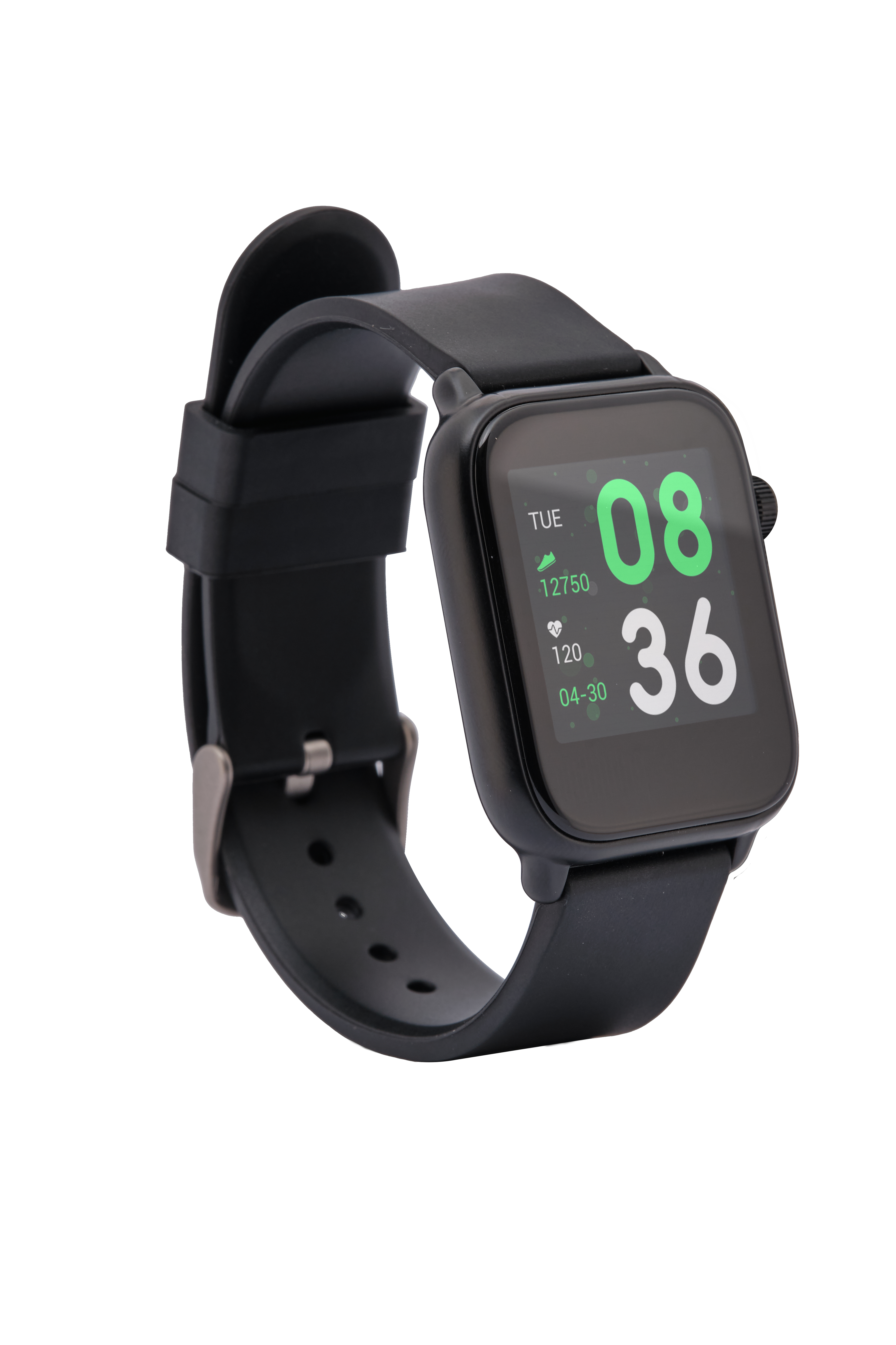 Eine schwarze Smartwatch, die Uhrzeit und Datum anzeigt.