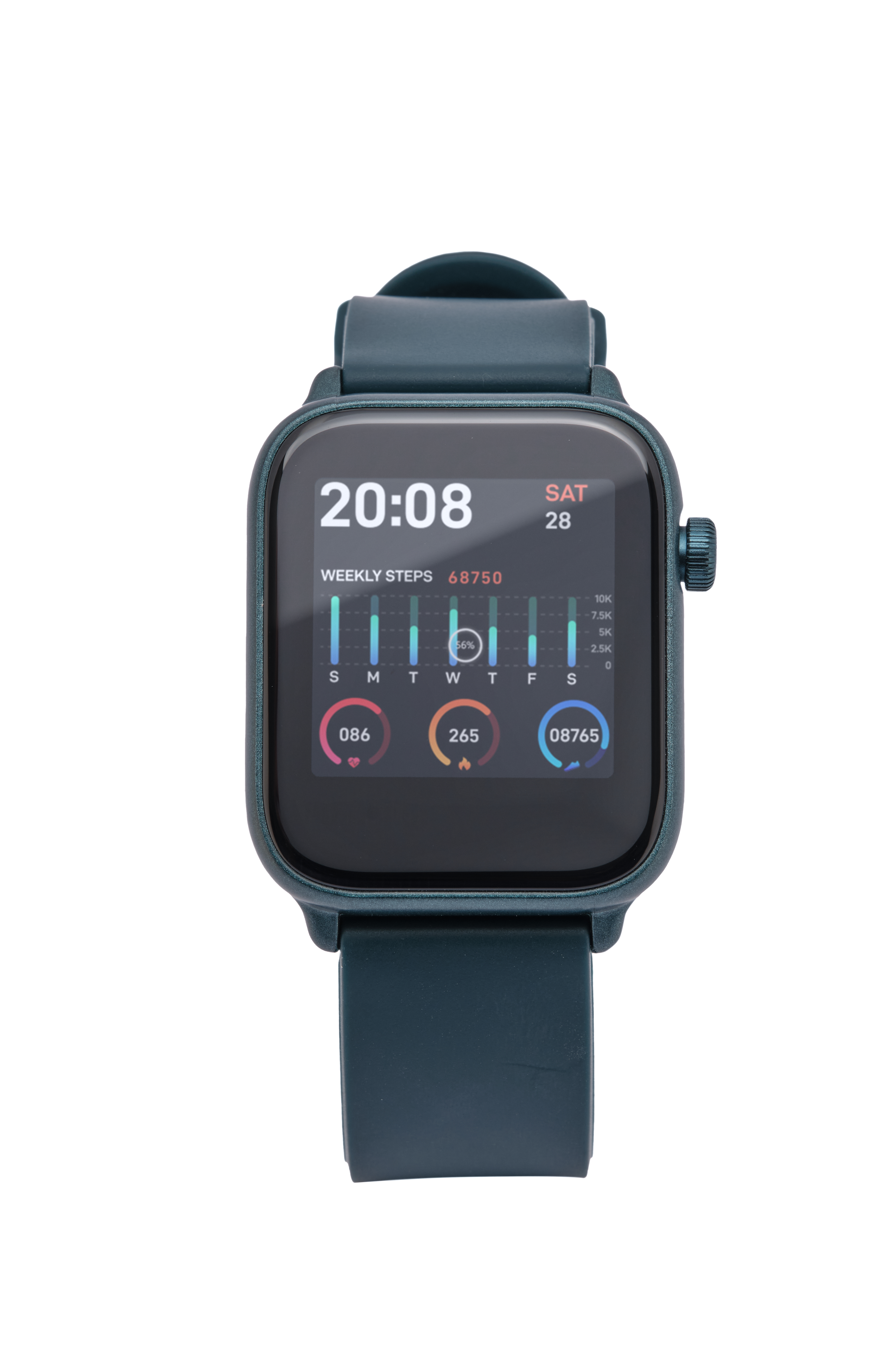 Eine blaue Smartwatch, die Zeit, Datum, Schritte und Aktivität anzeigt.