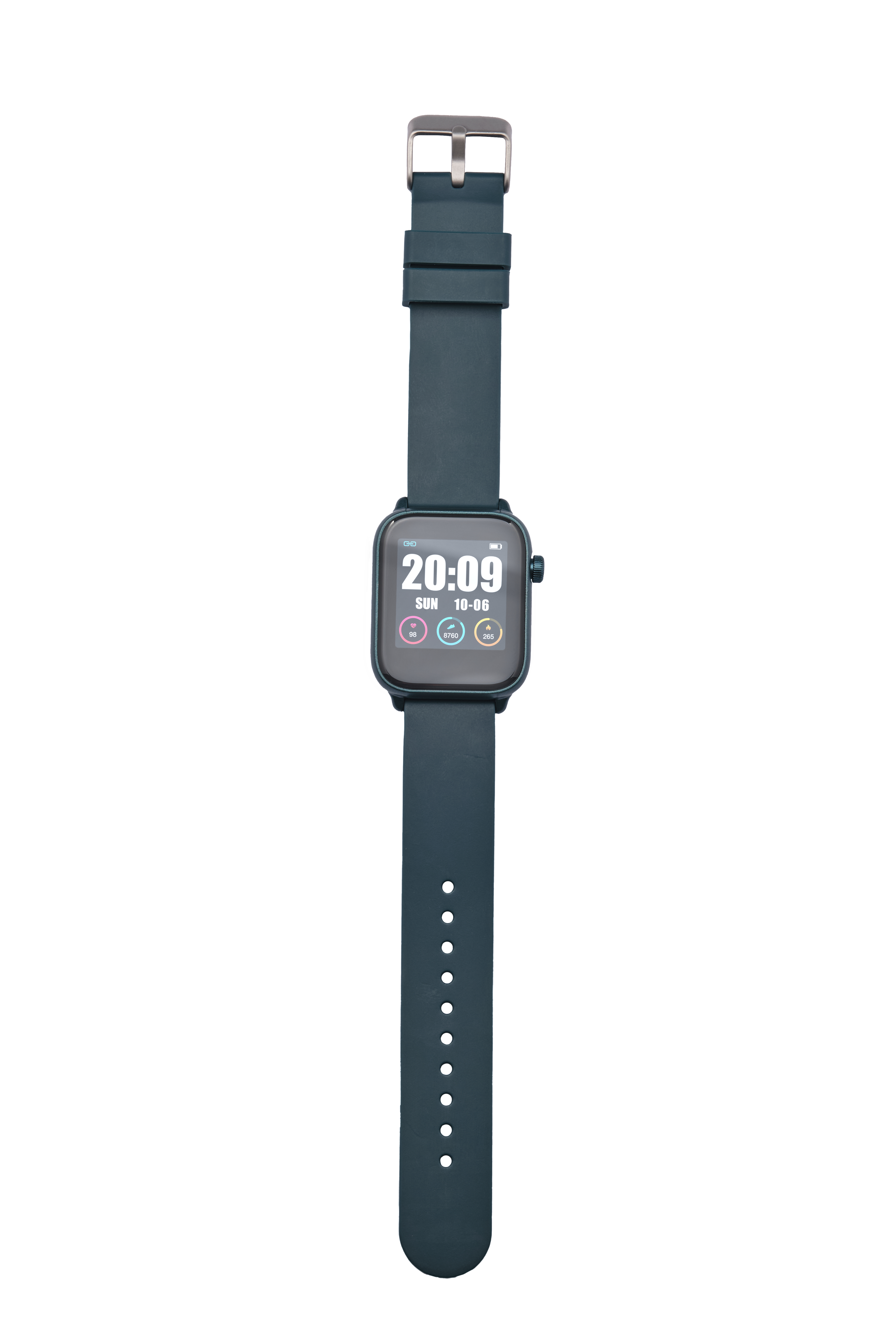 Eine türkisfarbene Smartwatch auf weißem Hintergrund, die Zeit und Datum anzeigt. Das Armband ist schwarz.