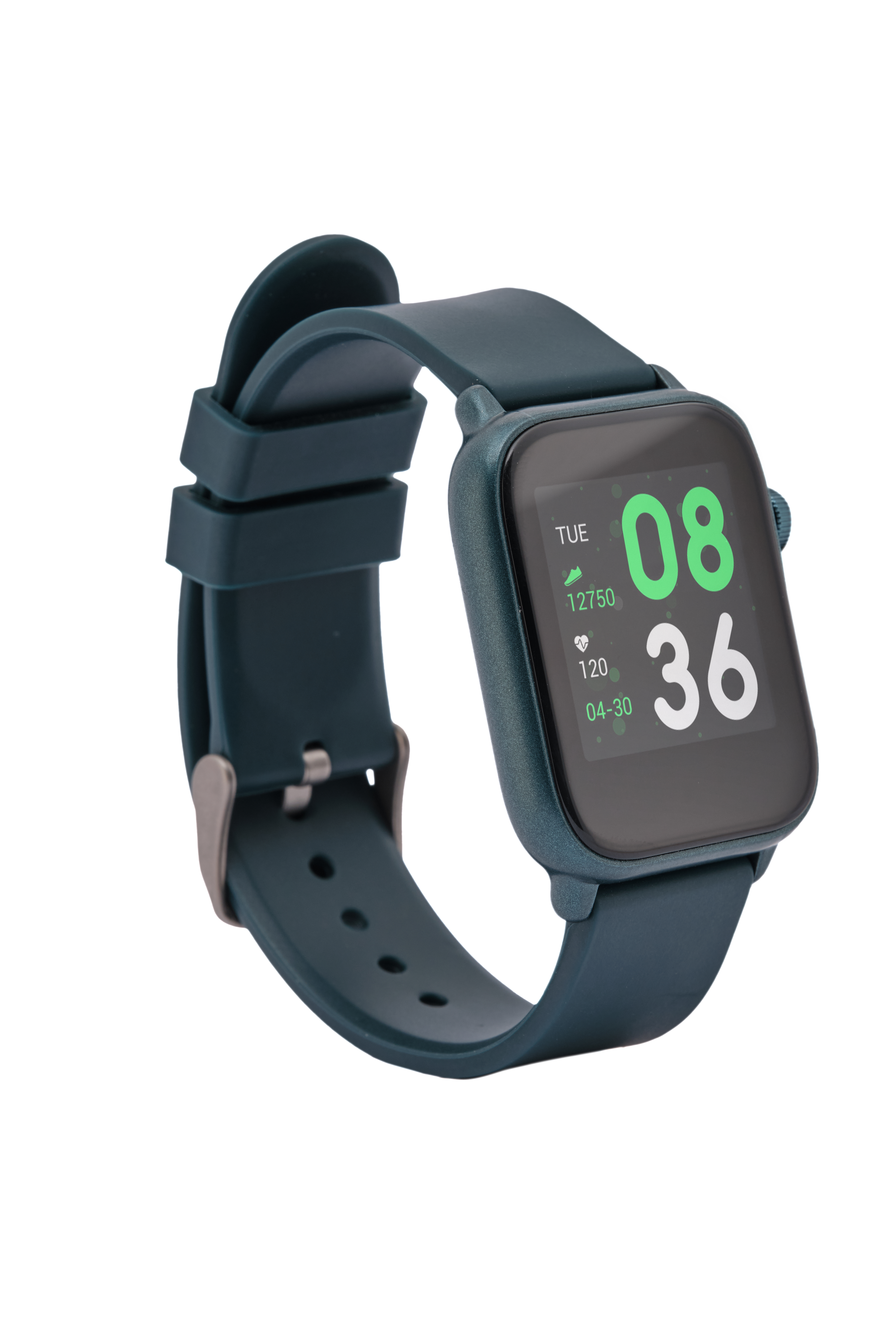 Eine türkisfarbene Smartwatch mit quadratischem Bildschirm, der Zeit und Aktivitätsmetriken anzeigt.