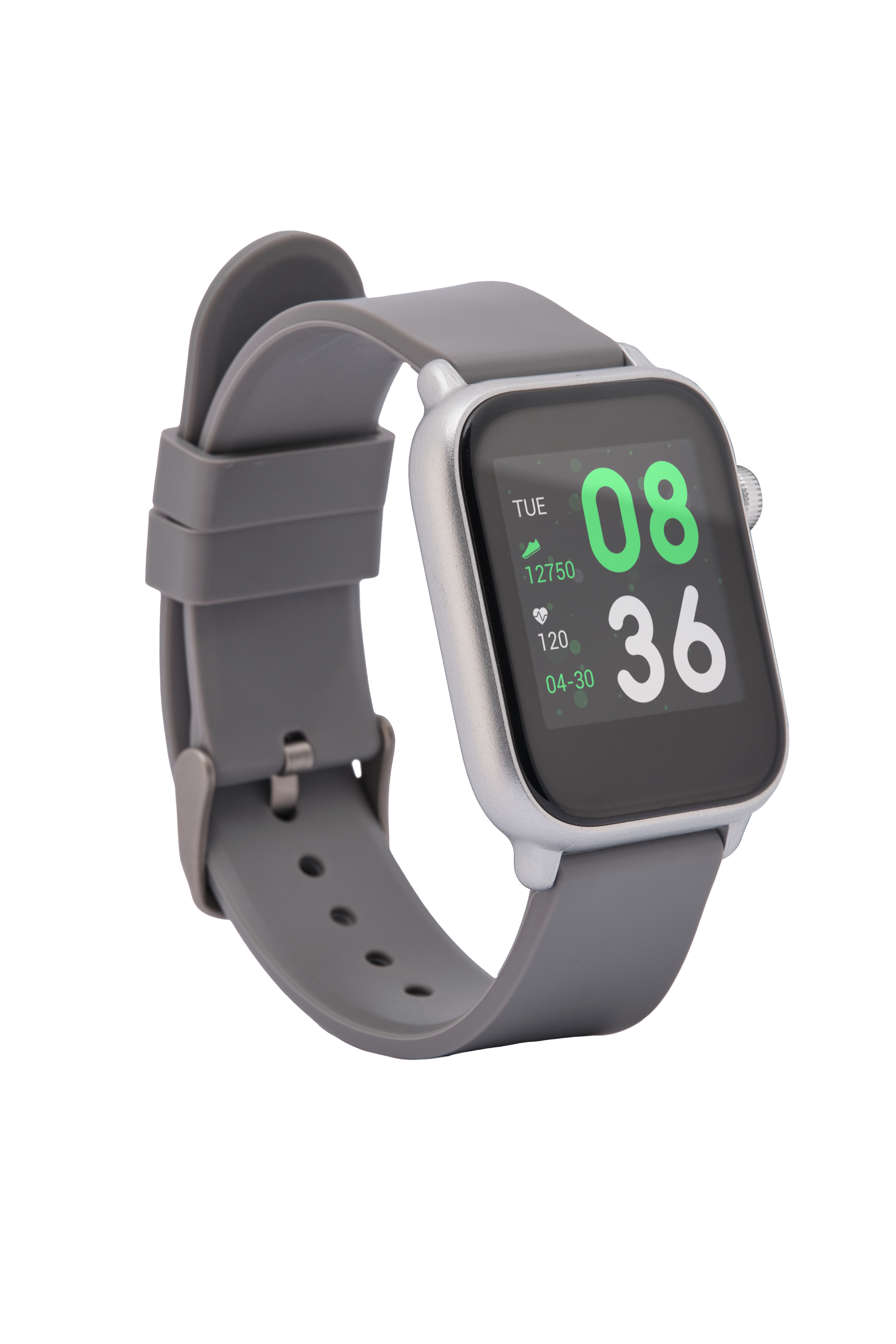 Eine graue Smartwatch mit einem grauen Armband. Der Bildschirm zeigt die Uhrzeit und Gesundheitsmetriken an.