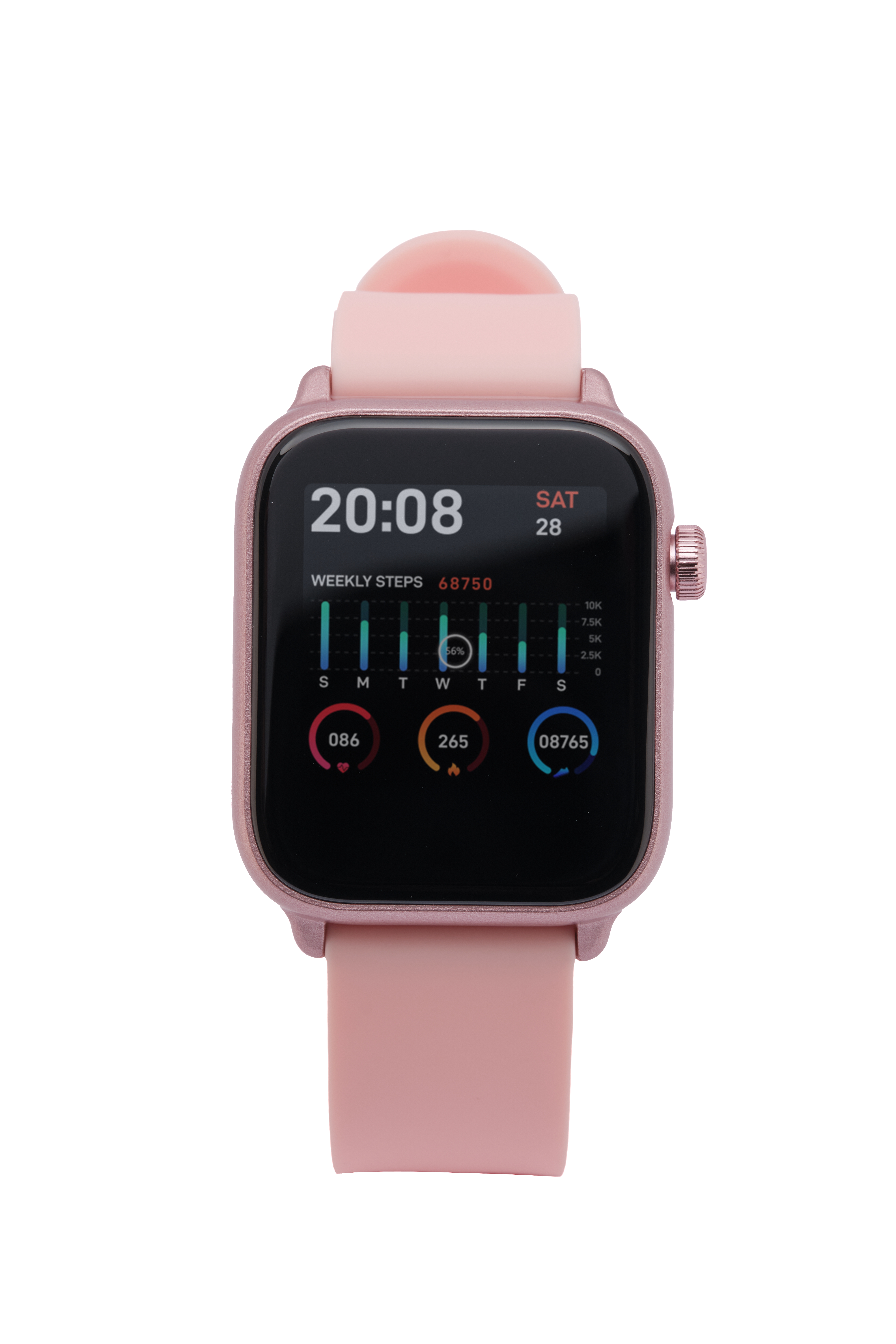 Eine rosa Smartwatch mit schwarzem Bildschirm, der Informationen anzeigt.