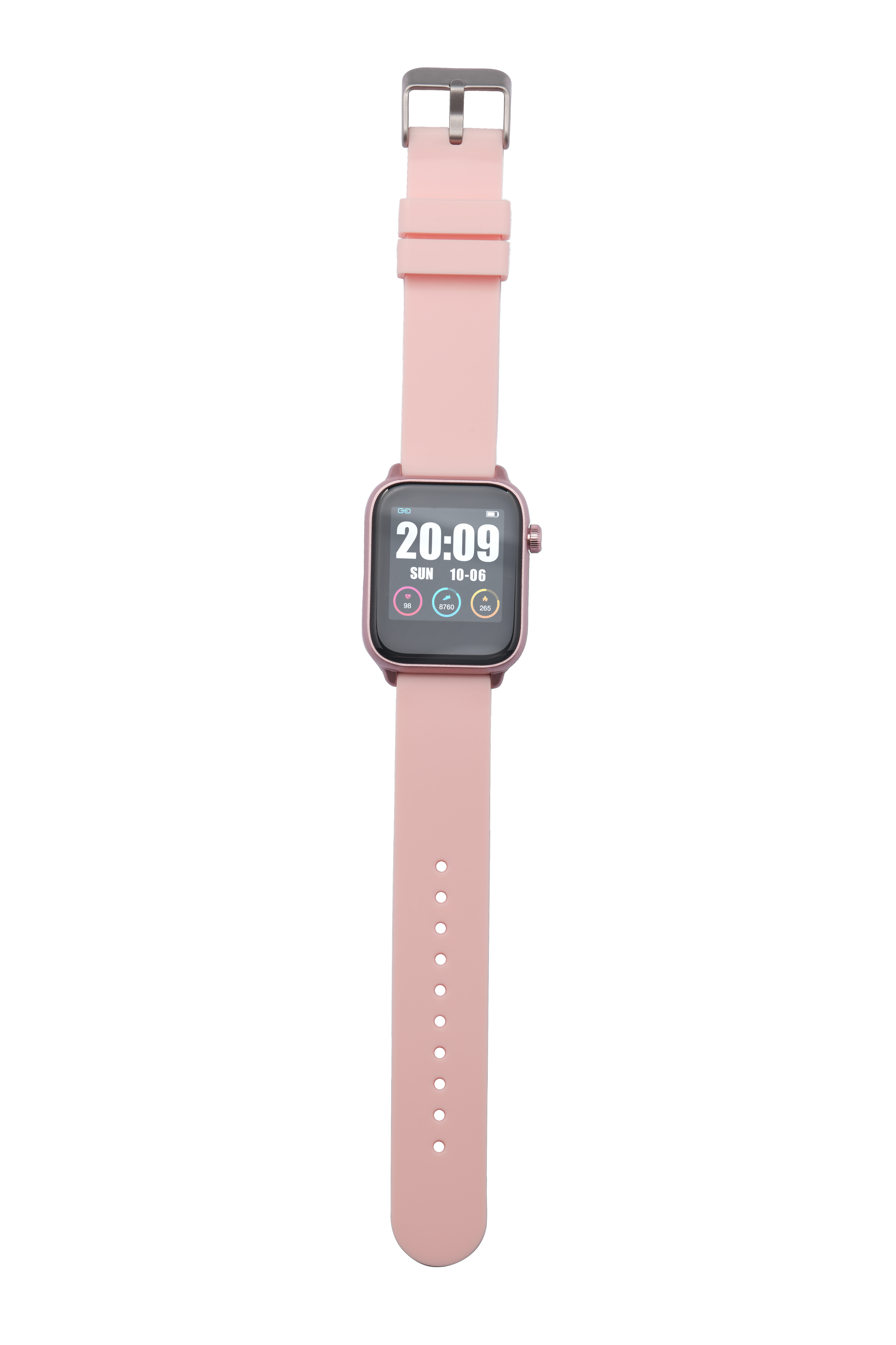 Rosa Smartwatch mit rosa Armband. Zeigt Zeit und Datum auf dem Bildschirm an.