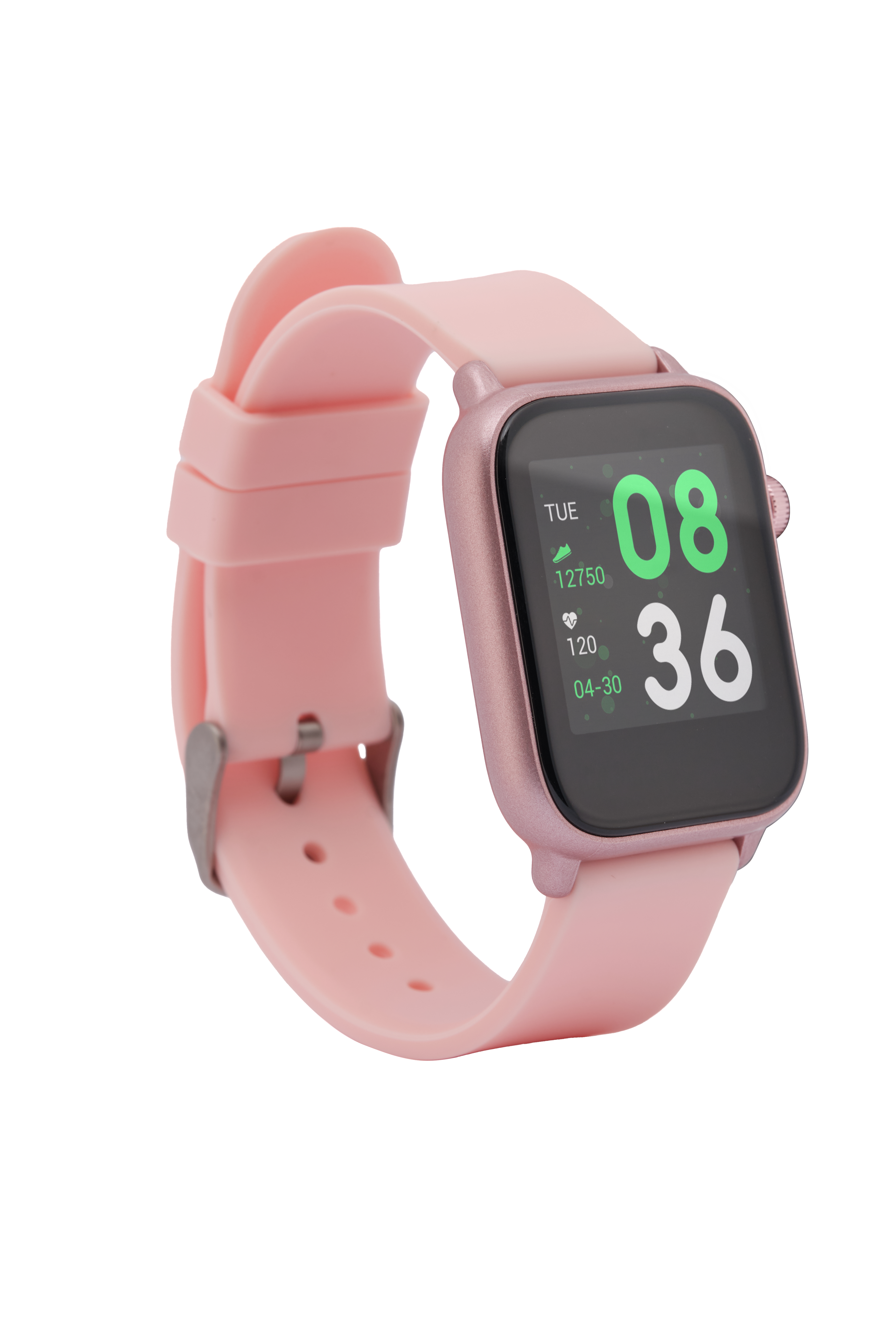 Eine rosa Smartwatch mit rosa Armband und schwarzem Bildschirm, der Zeit und Daten anzeigt.