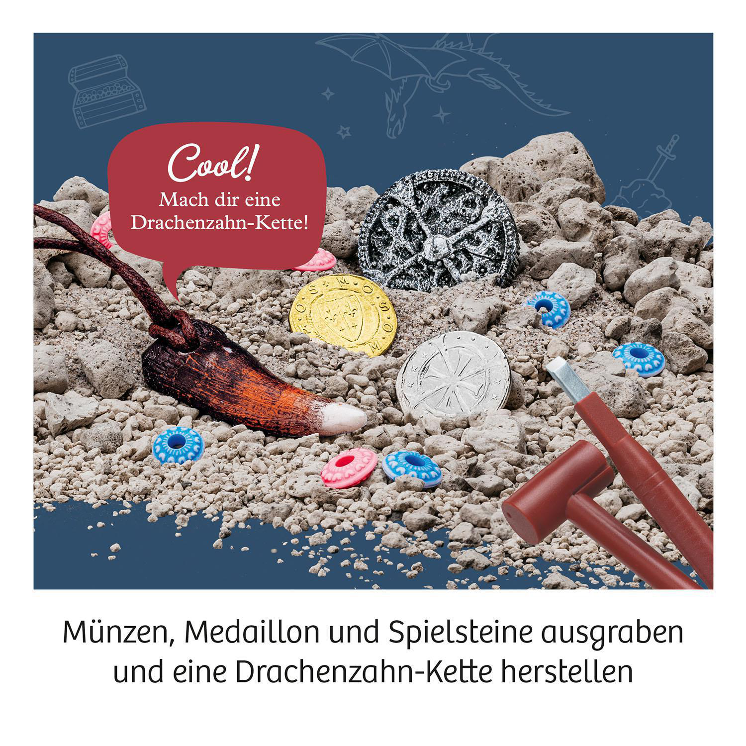 Ausgrabungs-Set mit Münzen, Perlen und Werkzeugen. Text: 'Münzen, Medaillons und Spielsteine ausgraben'.
