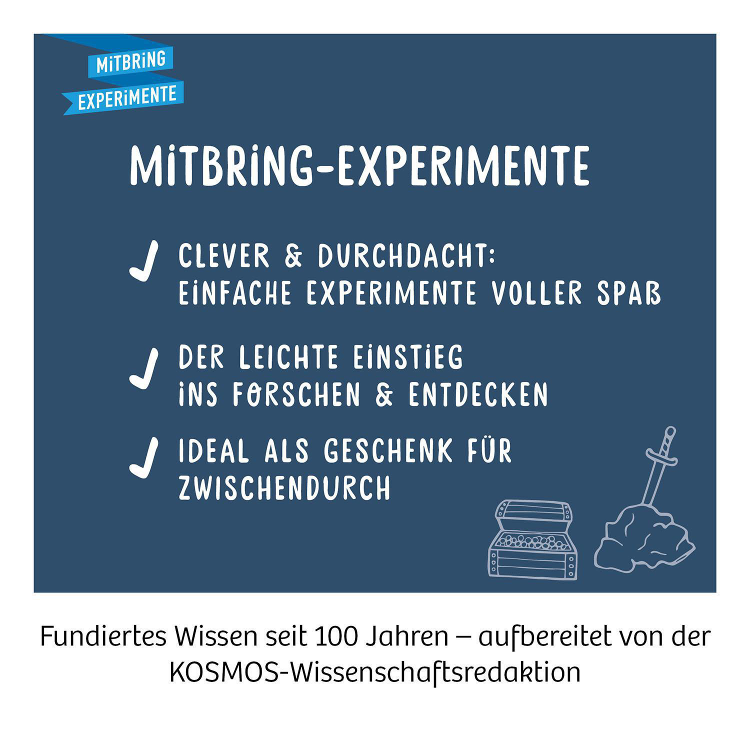 Blauer Hintergrund mit deutschem Text über Experimente. Weiße Häkchen und ein Schwertsymbol.