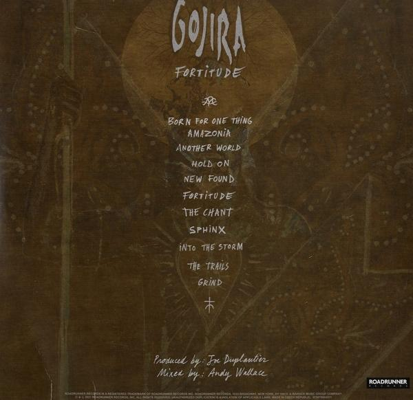 A Gojira Fortitude album borítója, a dalok címeivel és a zenekar nevével.