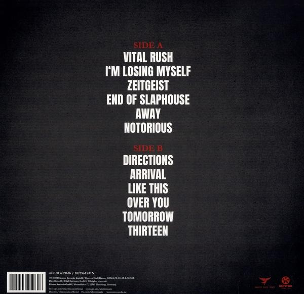 Vinyl-Schallplattenhülle mit Titelliste: Vital Rush, I'm Losing Myself, Zeitgeist usw. Schwarzer Hintergrund.