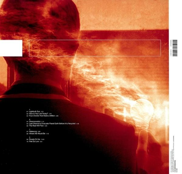 Mann hält Glühbirne, verschwommener oranger Hintergrund. Albumcover mit Titelliste links.