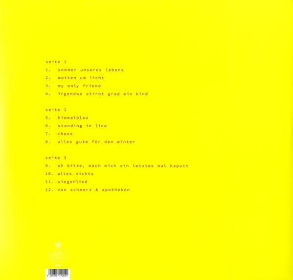 Gelbes Albumcover mit deutschem Text. Listet Seite 1, 2 und 3 mit Songtiteln auf.