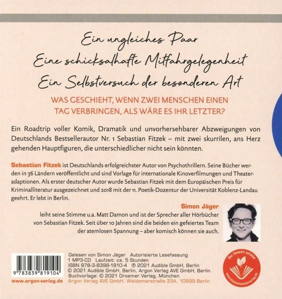 Buchcover mit deutschem Text über eine Roadtrip, ein Buch von Sebastian Fitzek.