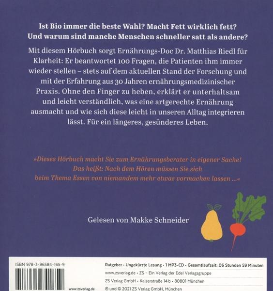 Buchcover mit Text. Obst und Gemüse. Hörbuch. Deutscher Text und ISBN. Autor ist Makke Schneider.