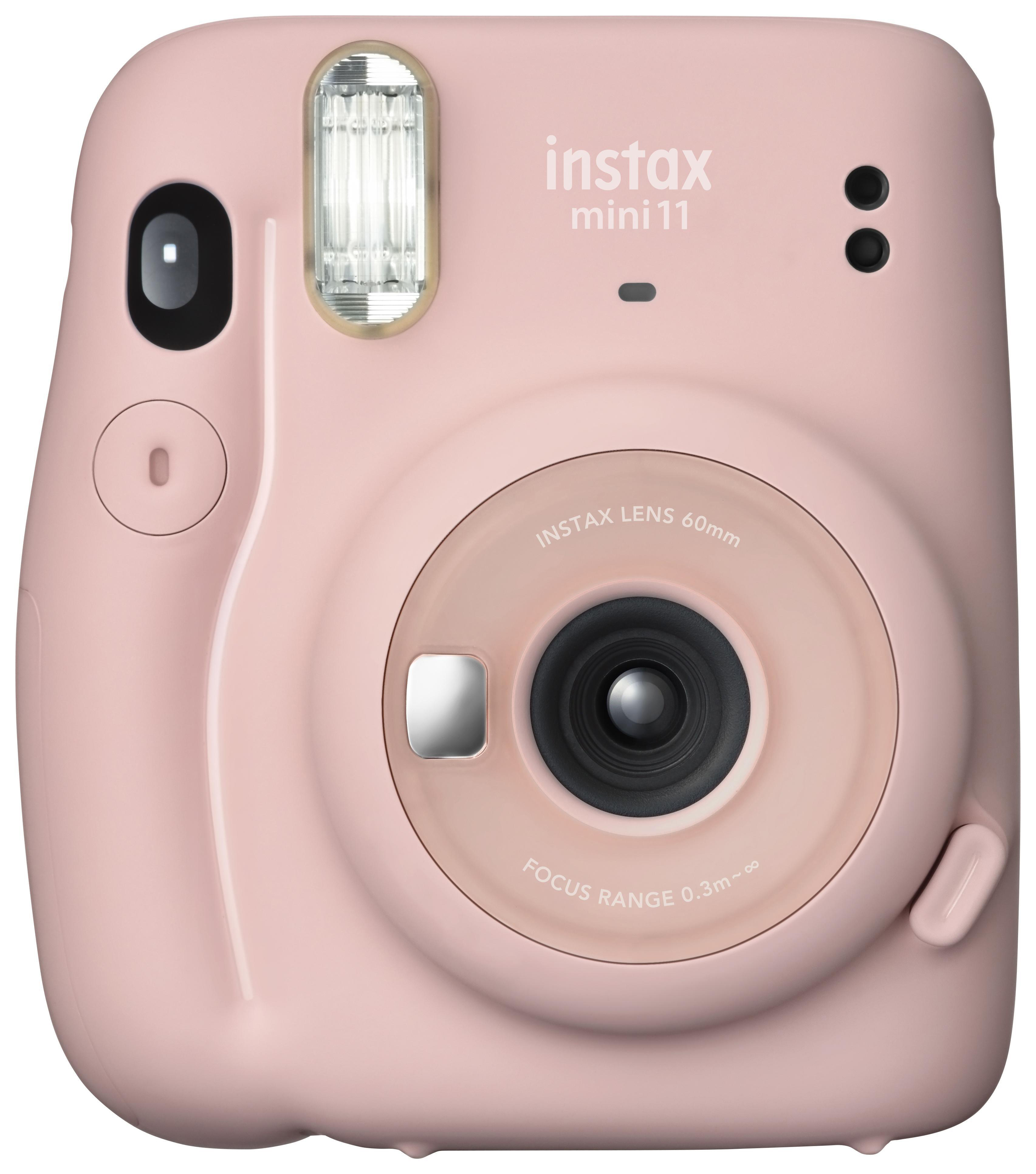 Eine rosa Instax Mini 11 Kamera mit Blitz und Linsendetails.