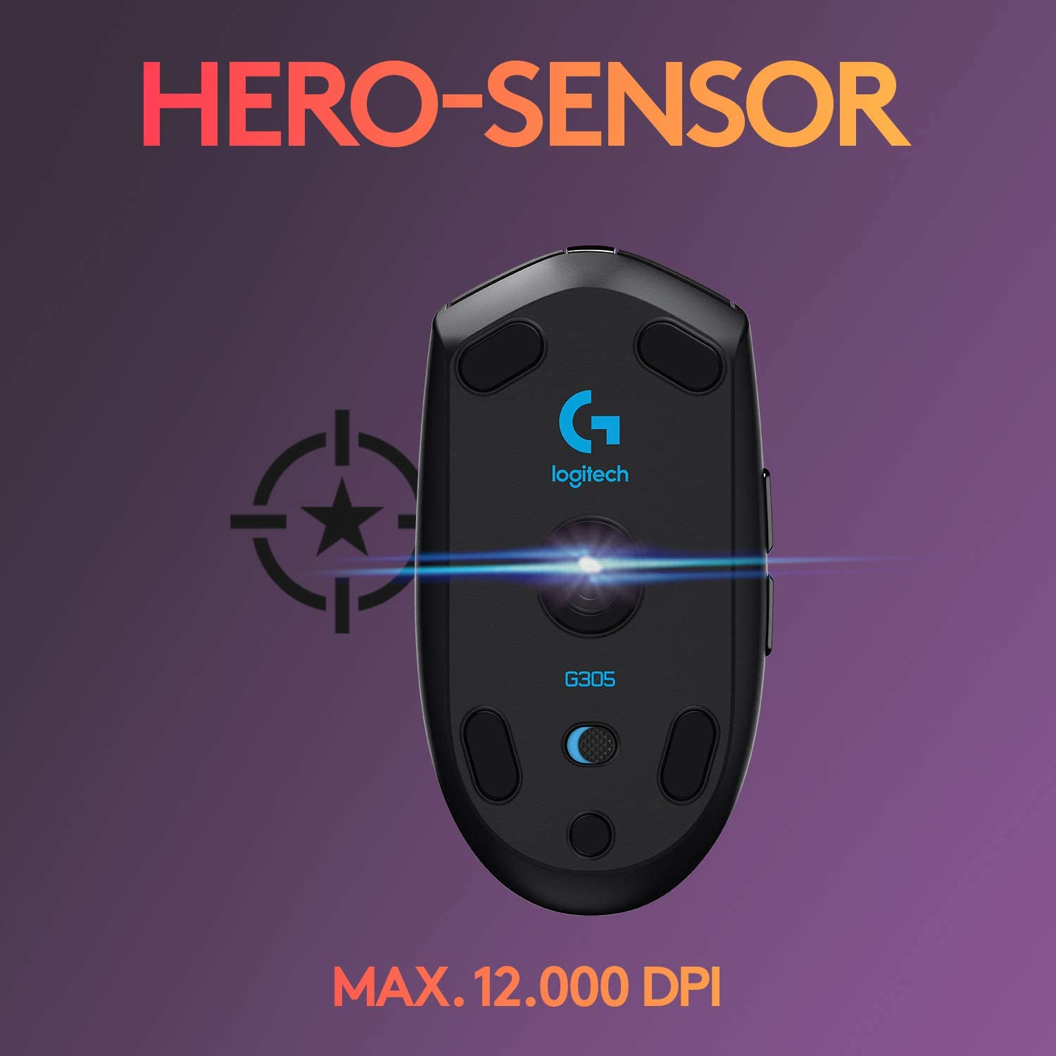 Fekete gamer egér, alulnézet, kék fénnyel. Szöveg: HERO-SENSOR, MAX. 12.000 DPI. Lila háttér.