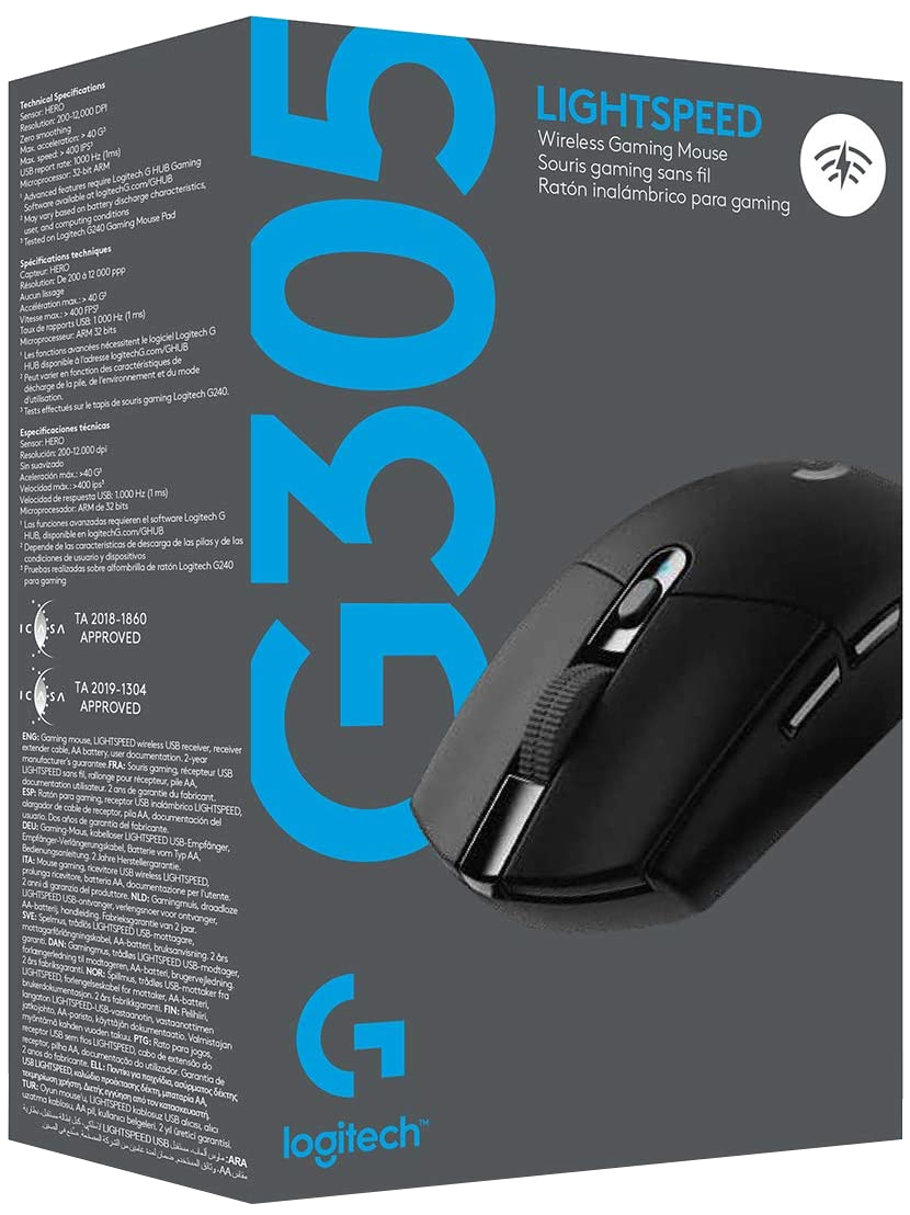 Egy fekete vezeték nélküli gamer egér doboza. A doboz az egeret mutatja, és több nyelven tartalmaz szöveget.