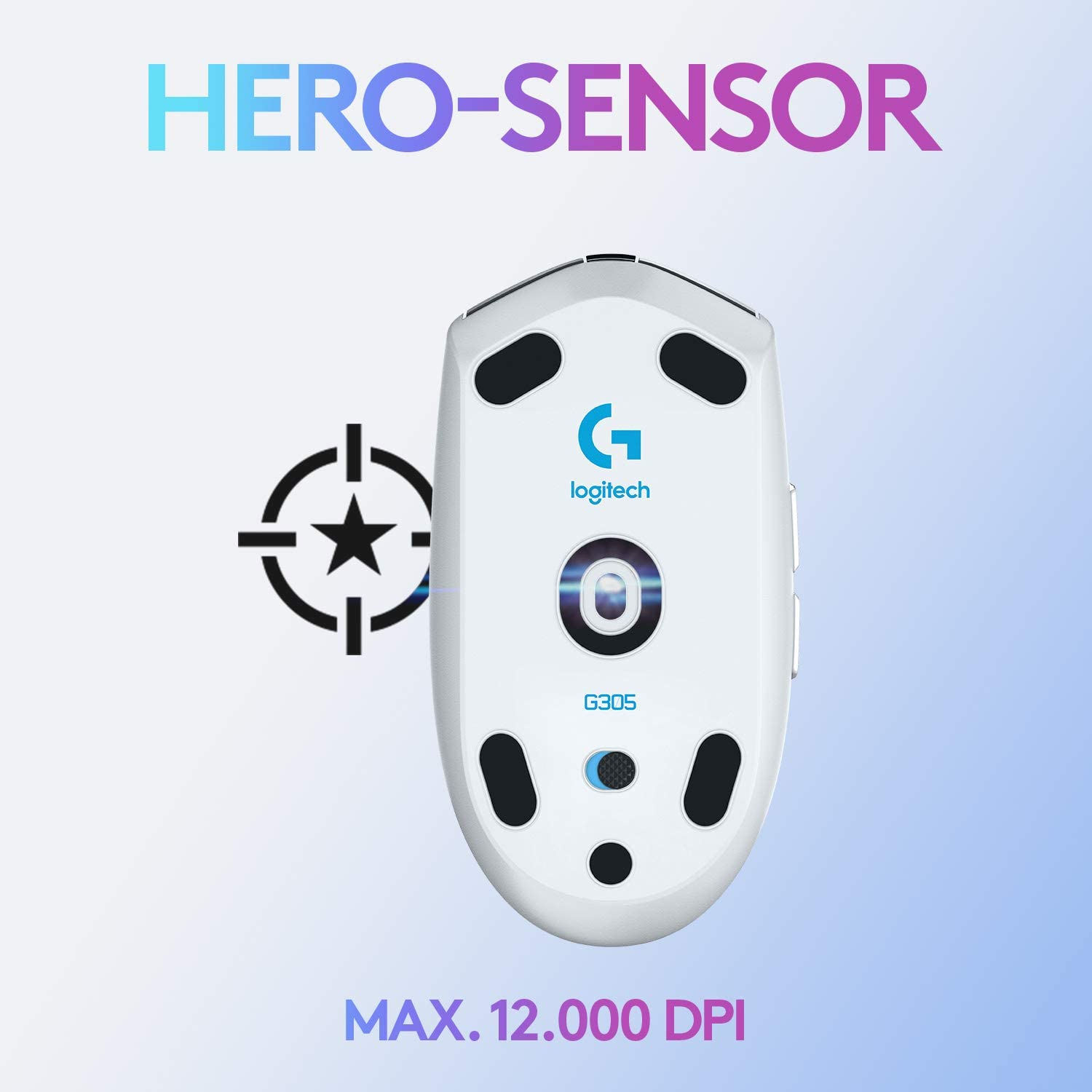 Fehér Logitech G305 gamer egér HERO szenzorral, célpont szimbólummal és MAX. 12,000 DPI szöveggel.