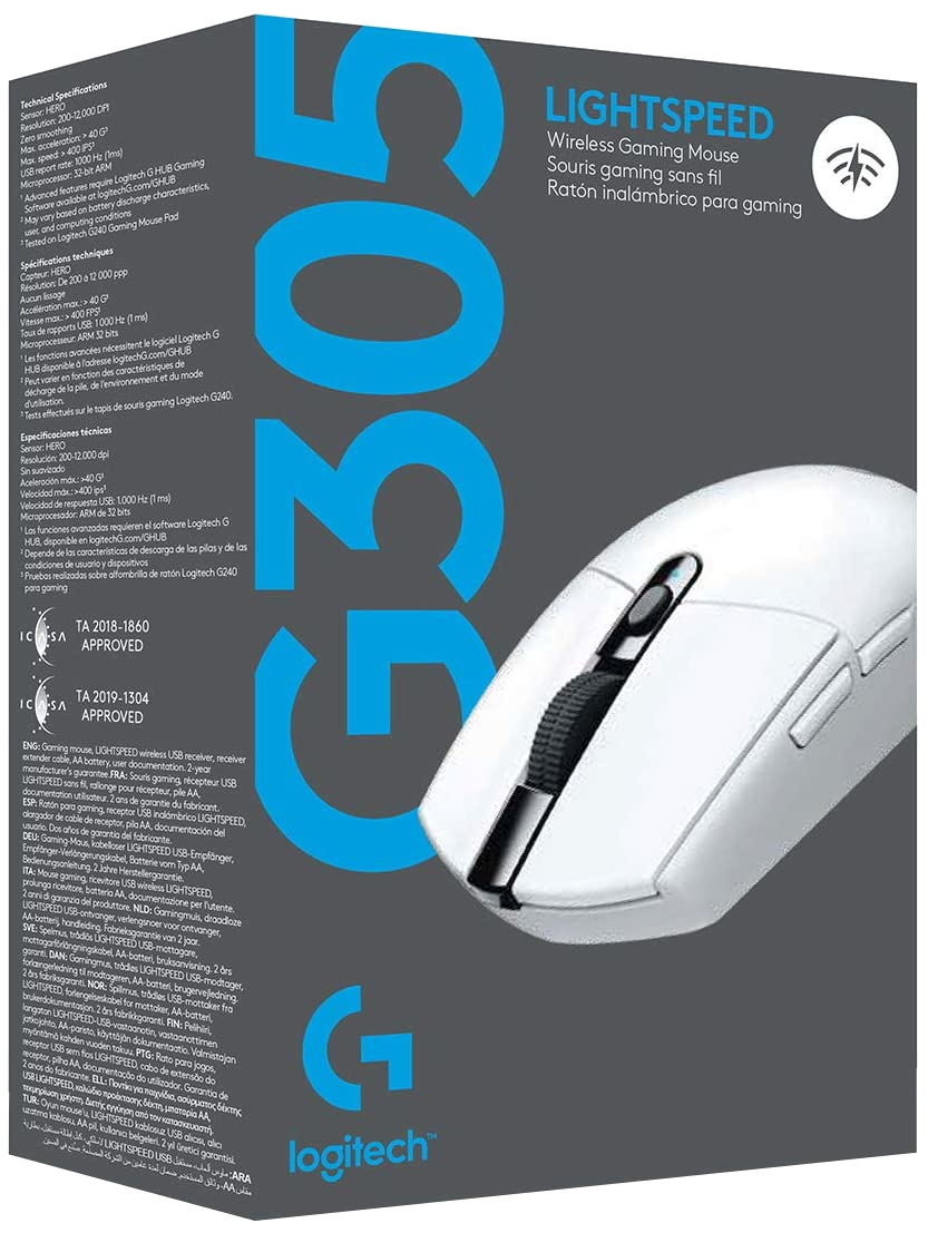 Fehér Logitech G305 vezeték nélküli gaming egér, doboz a háttérben specifikációkkal és logóval.