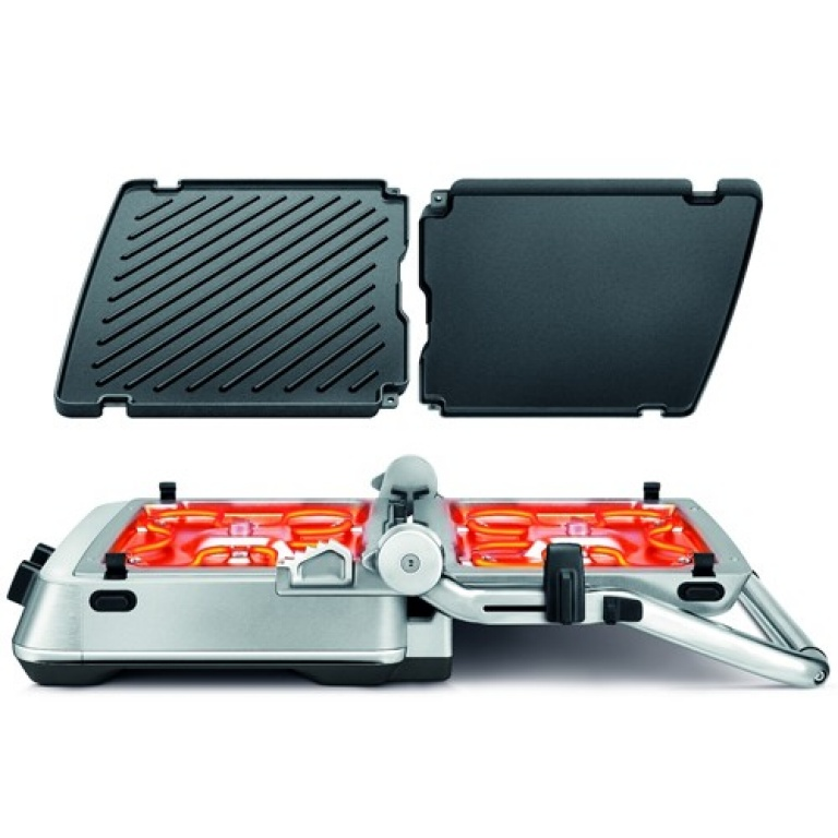 Grill mit zwei offenen Grillplatten, eine mit Rillen und die andere glatt, und silberner Basis.