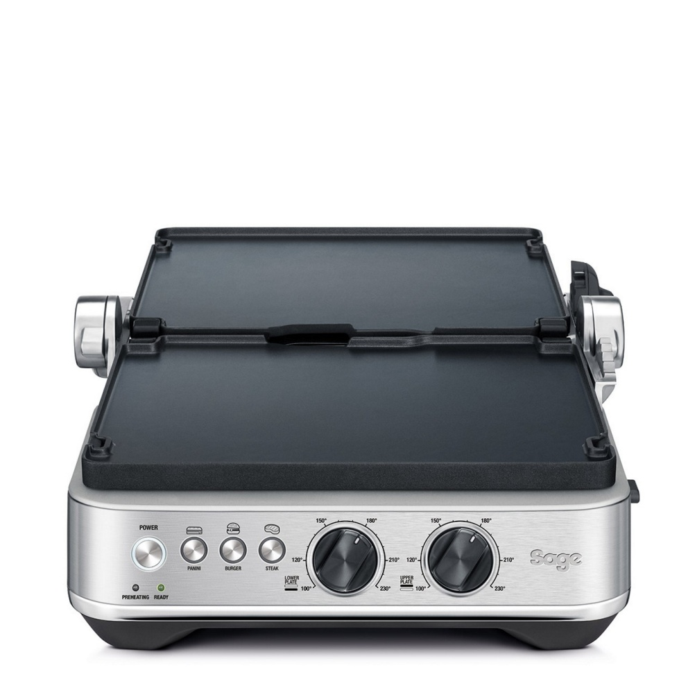 Silberner und schwarzer Sage-Grill mit Knöpfen und Tasten, offen.