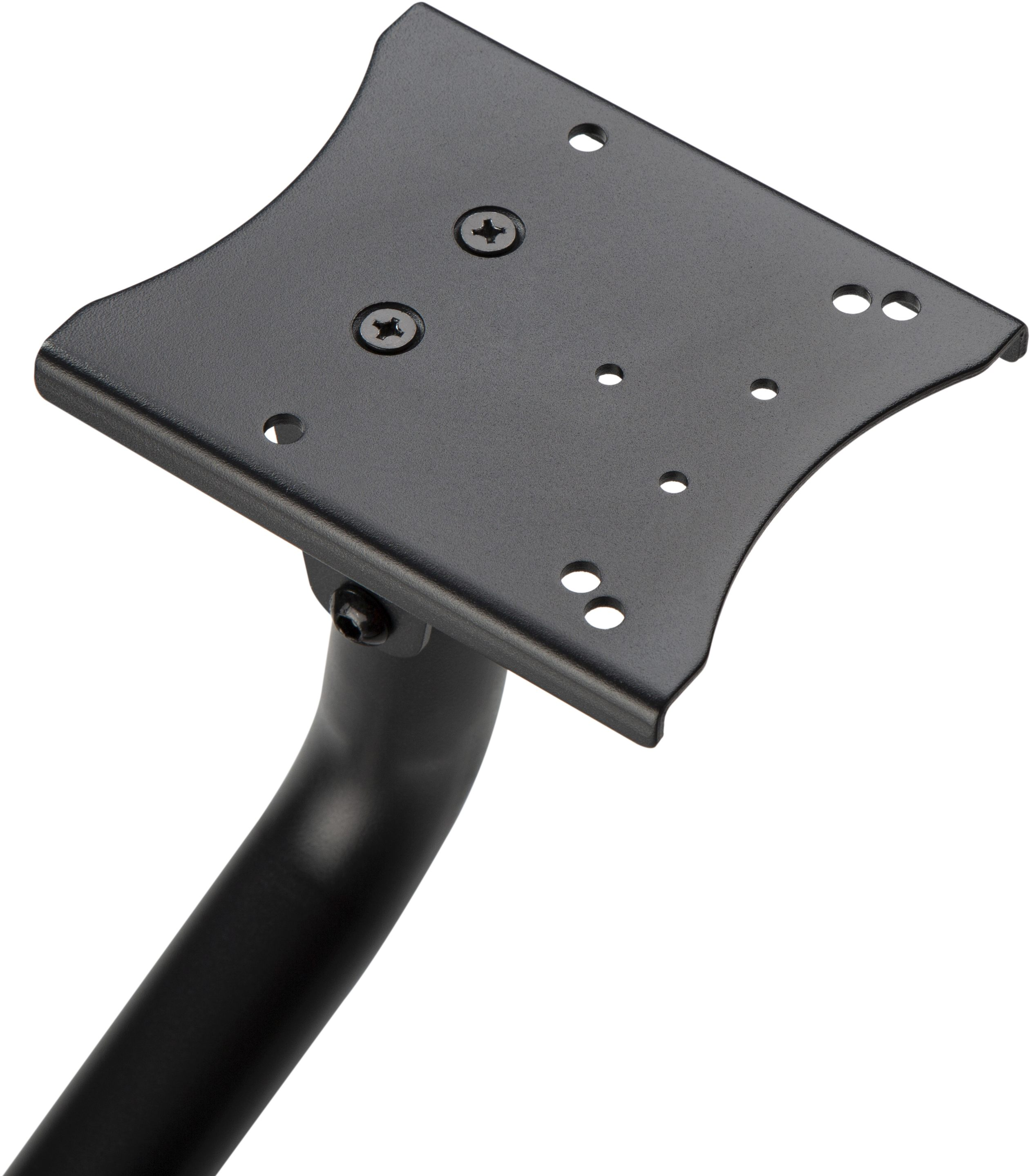 Support métallique noir avec une plaque de montage et un bras incurvé.