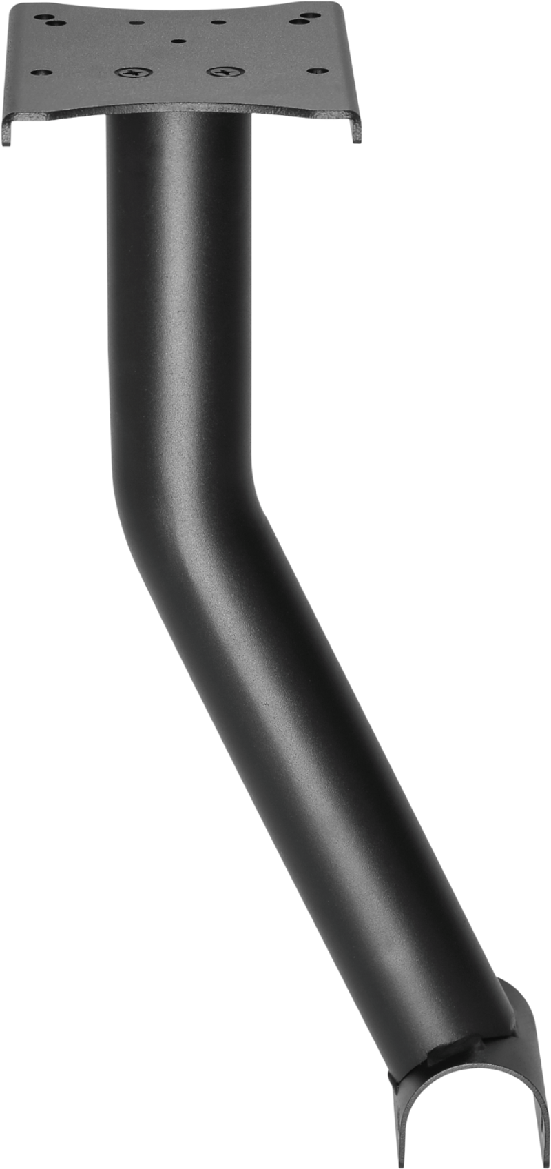Support en métal noir, forme courbée. Une plaque en haut, un support en U en bas.