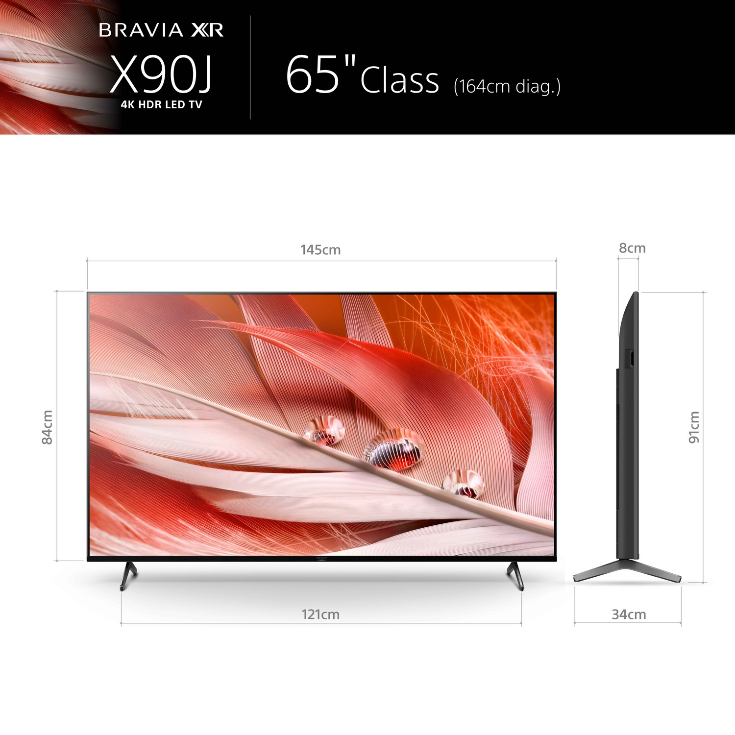 TV Sony Bravia XR X90J. Se muestran dimensiones y características. Imagen similar a plumas.